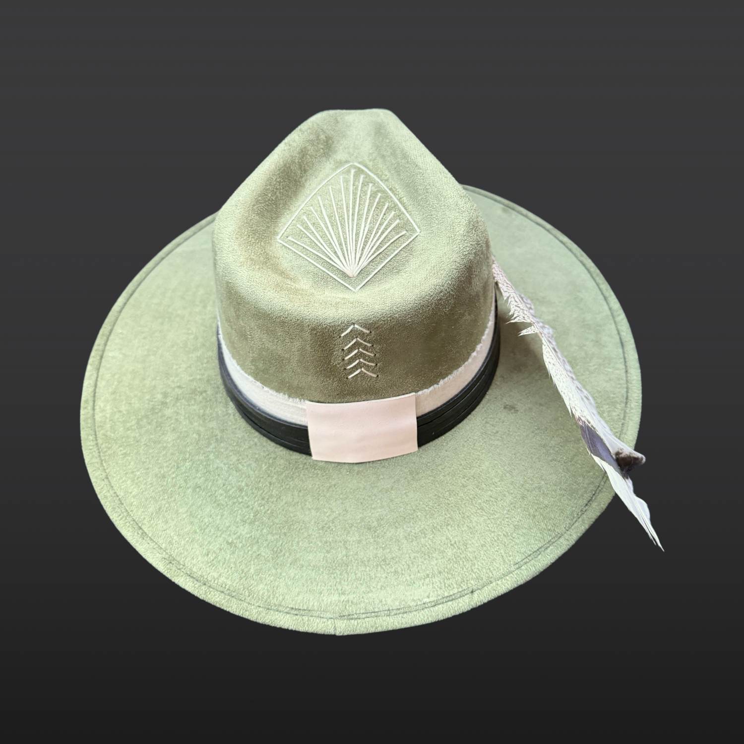 One of a kind sage green artisan fedora hat with obsidian stone, black leather band, white cotton wrap, feather detail, and hand embroidered directional symbols back view, by Inara Hat Co.