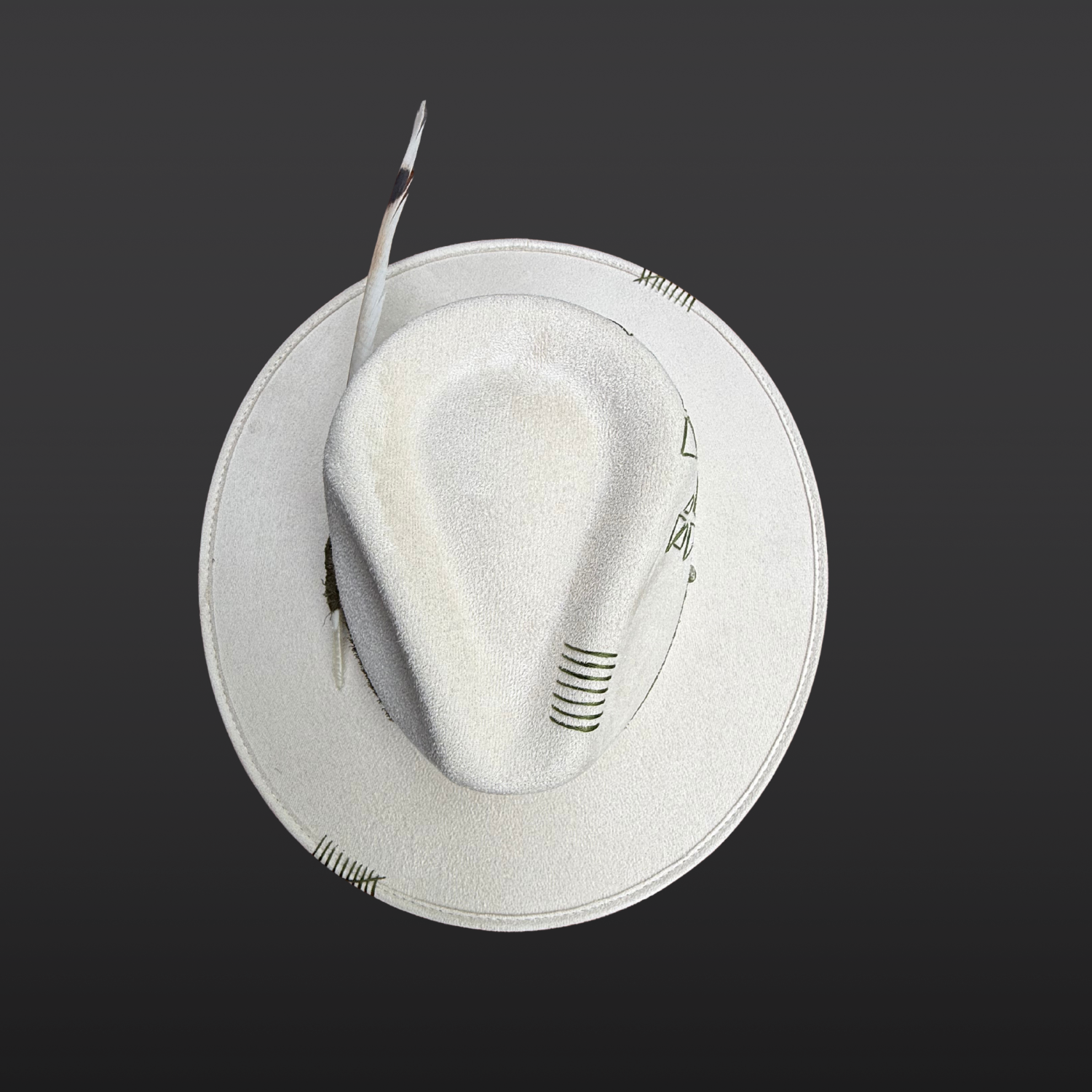 Top view of Delta Fedora Hat with olive green cotton band, ivory leather accent band, and geometric embroidery.