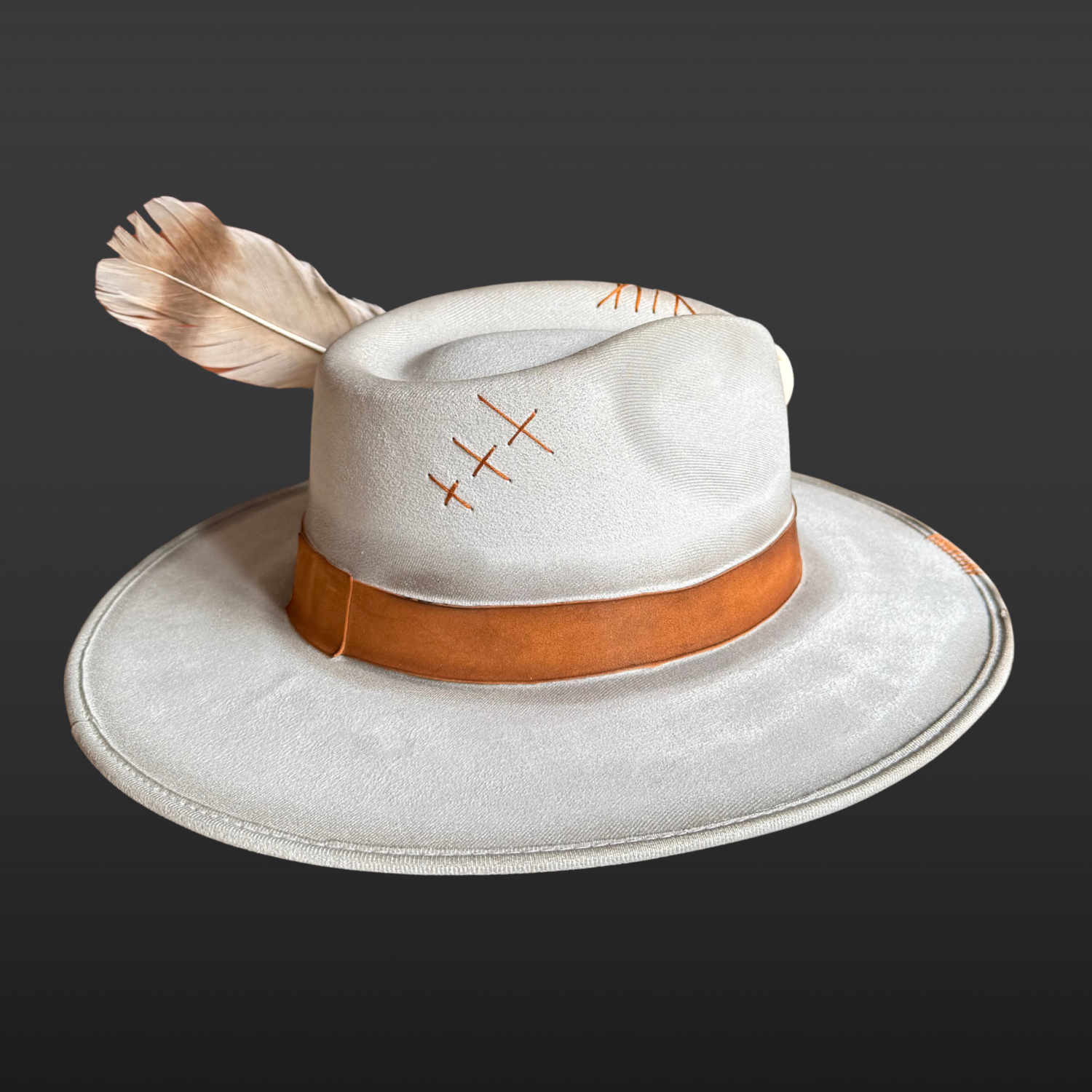 Back view of light grey vegan suede fedora showing hand-torched finish and tobacco leather band
