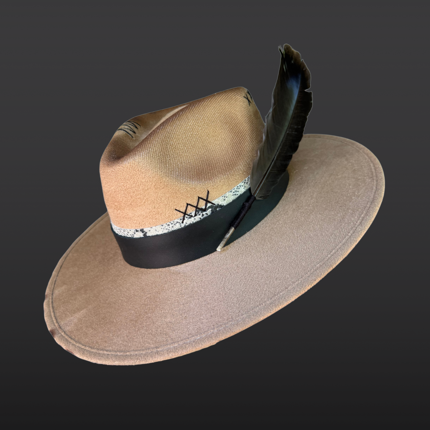 Left side view of Transmutation fedora highlighting clear quartz crystal, burnt palo santo, turkey feather, and layered leather bands.