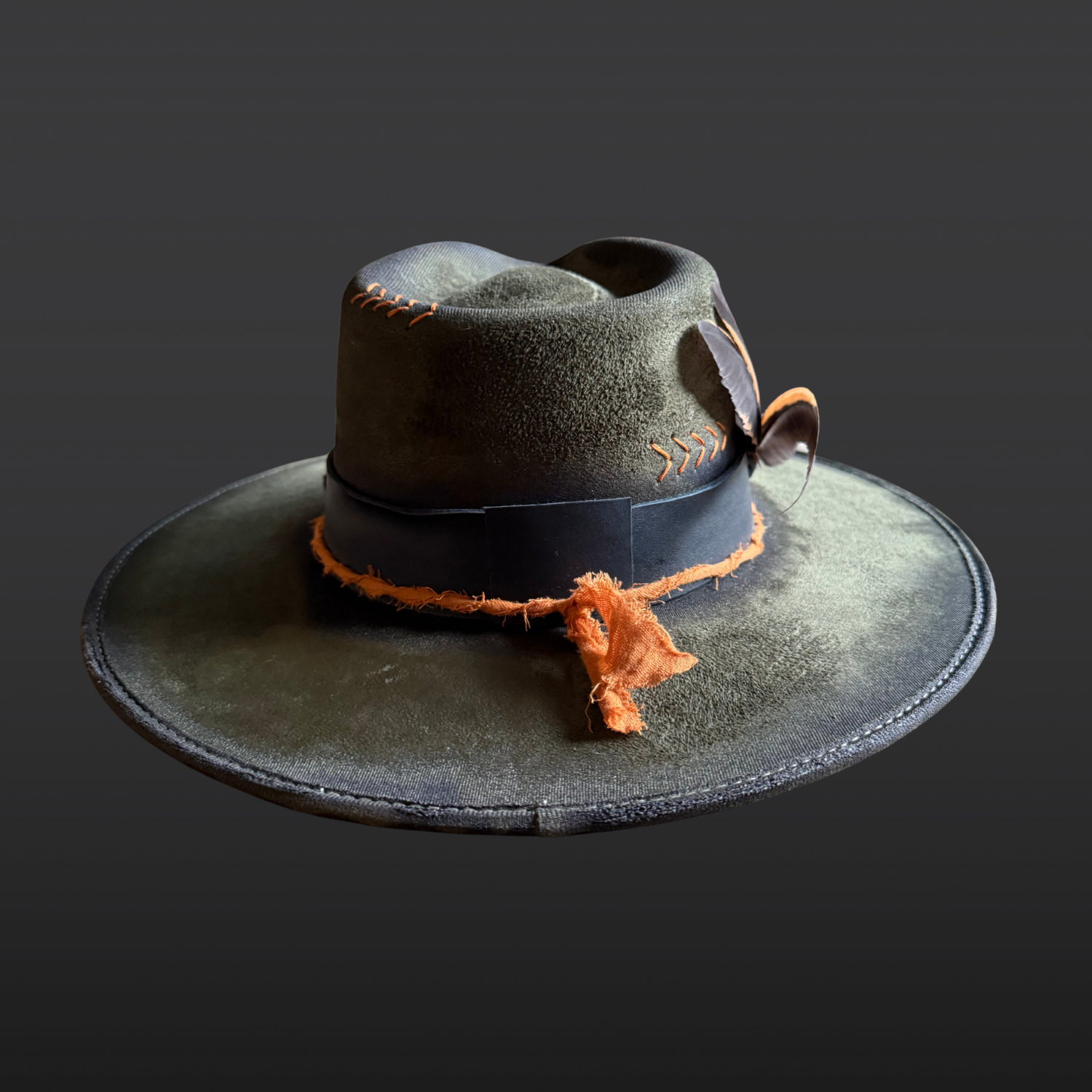 Back side view of the Solar Path Fedora Hat showcasing hand-torched vegan suede texture and organic patterns.