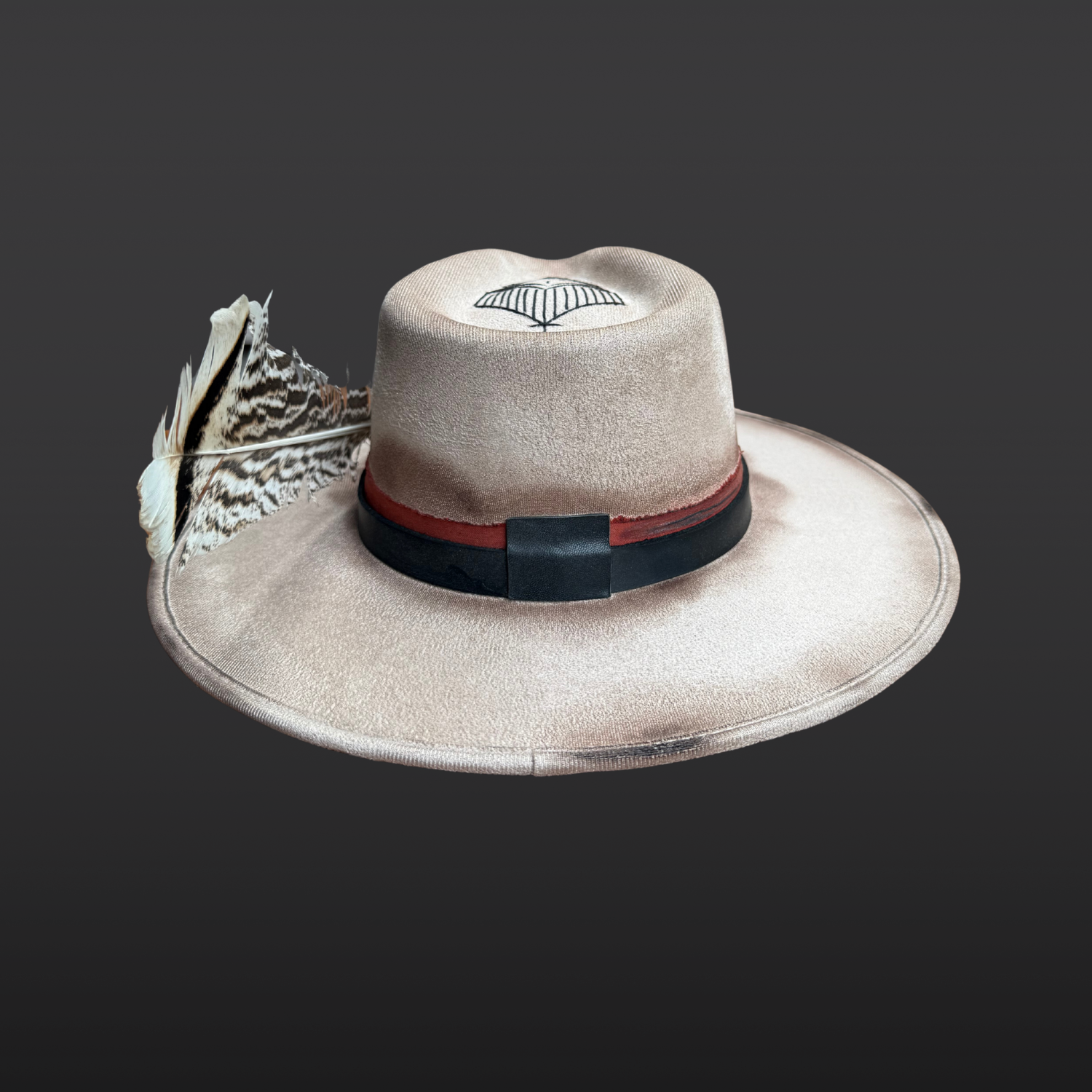 Back view of Ember Guardian fedora hat with symbolic embroidery and earthy khaki wide brim silhouette.