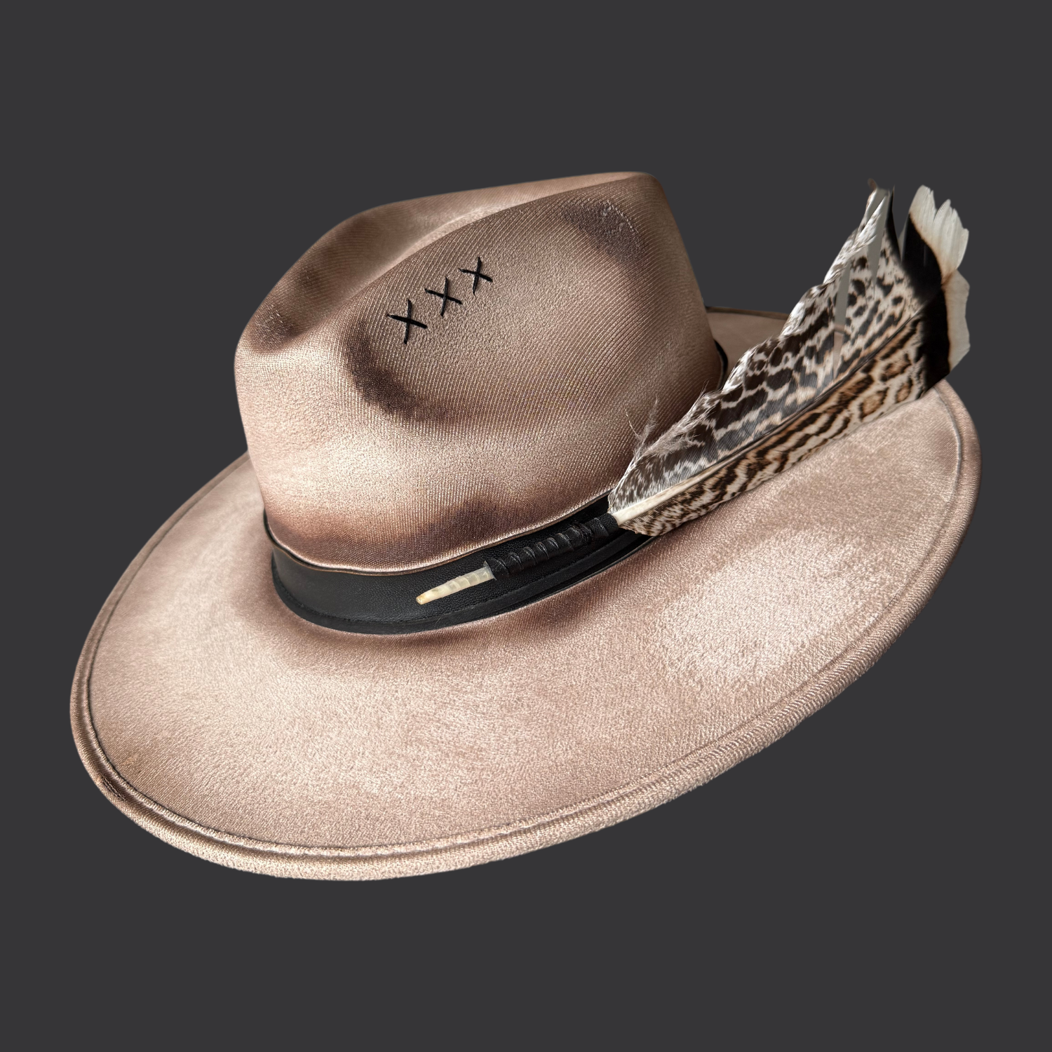 Side view khaki fedora showing hand-torched texture