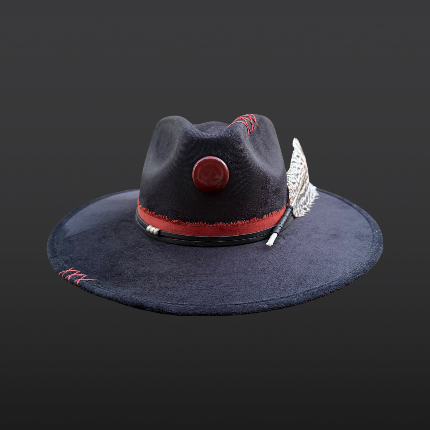Black boho fedora hat with red jasper stone, hummingbird embroidery, and feather accent, front view by Inara Hat Co.