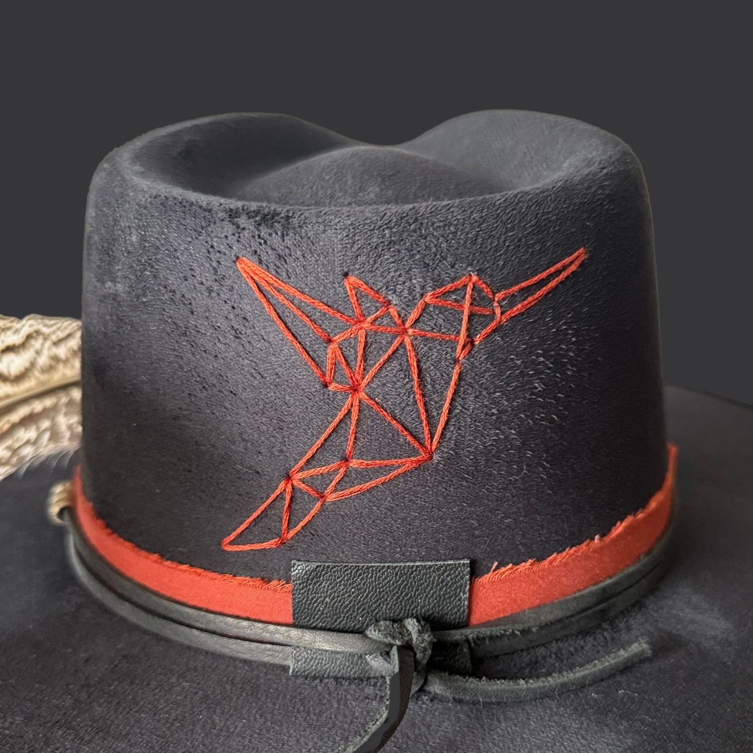 black boho fedora hat with hummingbird embroidery and red tigers eye/ hummingbird close up