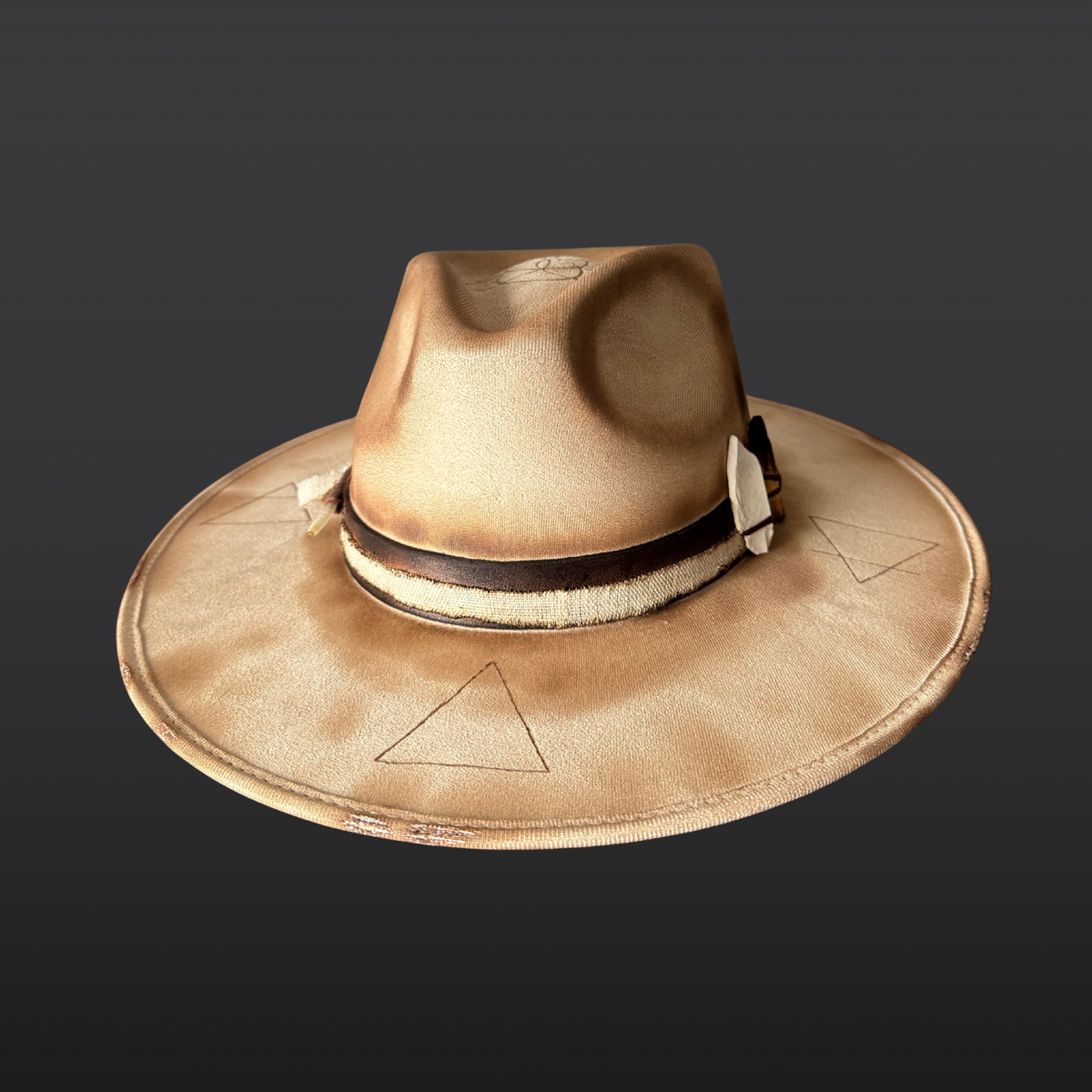 Front view of Elemental Harmony cream fedora featuring Seed of Life and Four Elements pyrography