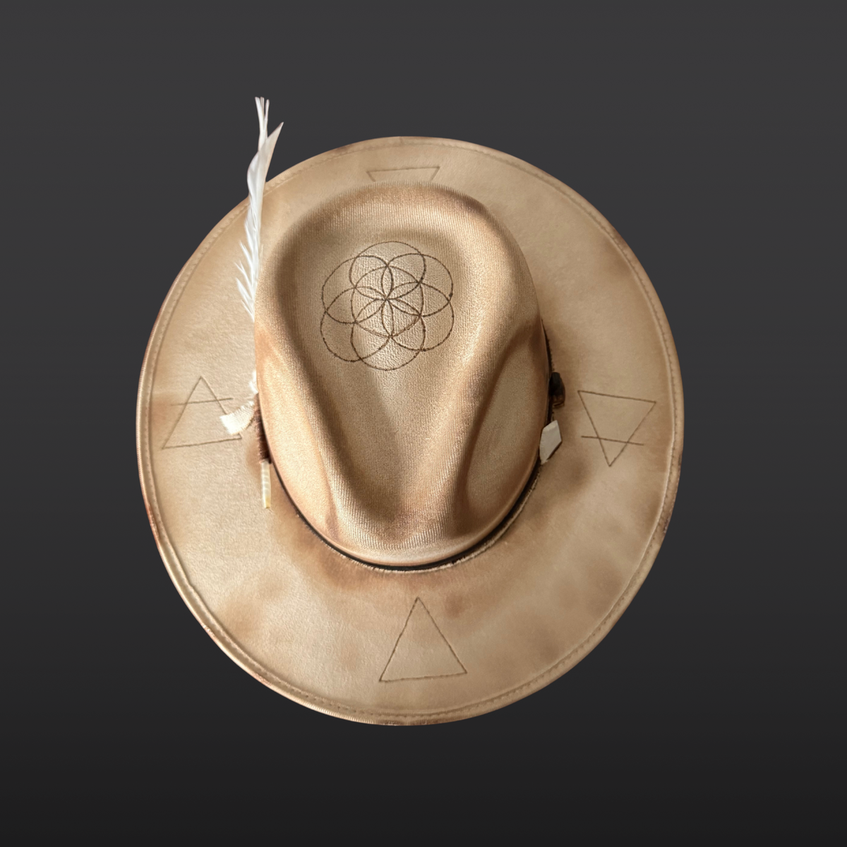 Top view of Elemental Harmony one-of-a-kind fedora showing Seed of Life and Four Elements pyrography
