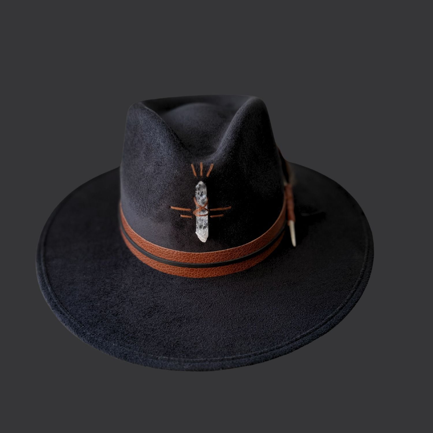 black wide brim fedora with clear quartz crystal / front view 2