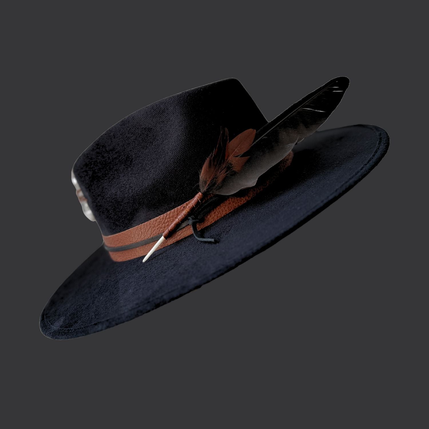 black wide brim fedora with clear quartz crystal / right side view