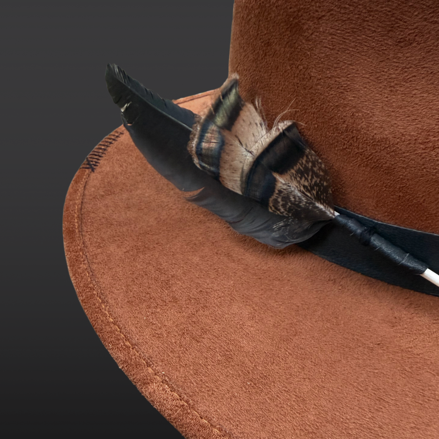Colibri Fedora Hat / | Wide Brim Statement Hat for Soulful Style | Close up of turkey and crow feathers