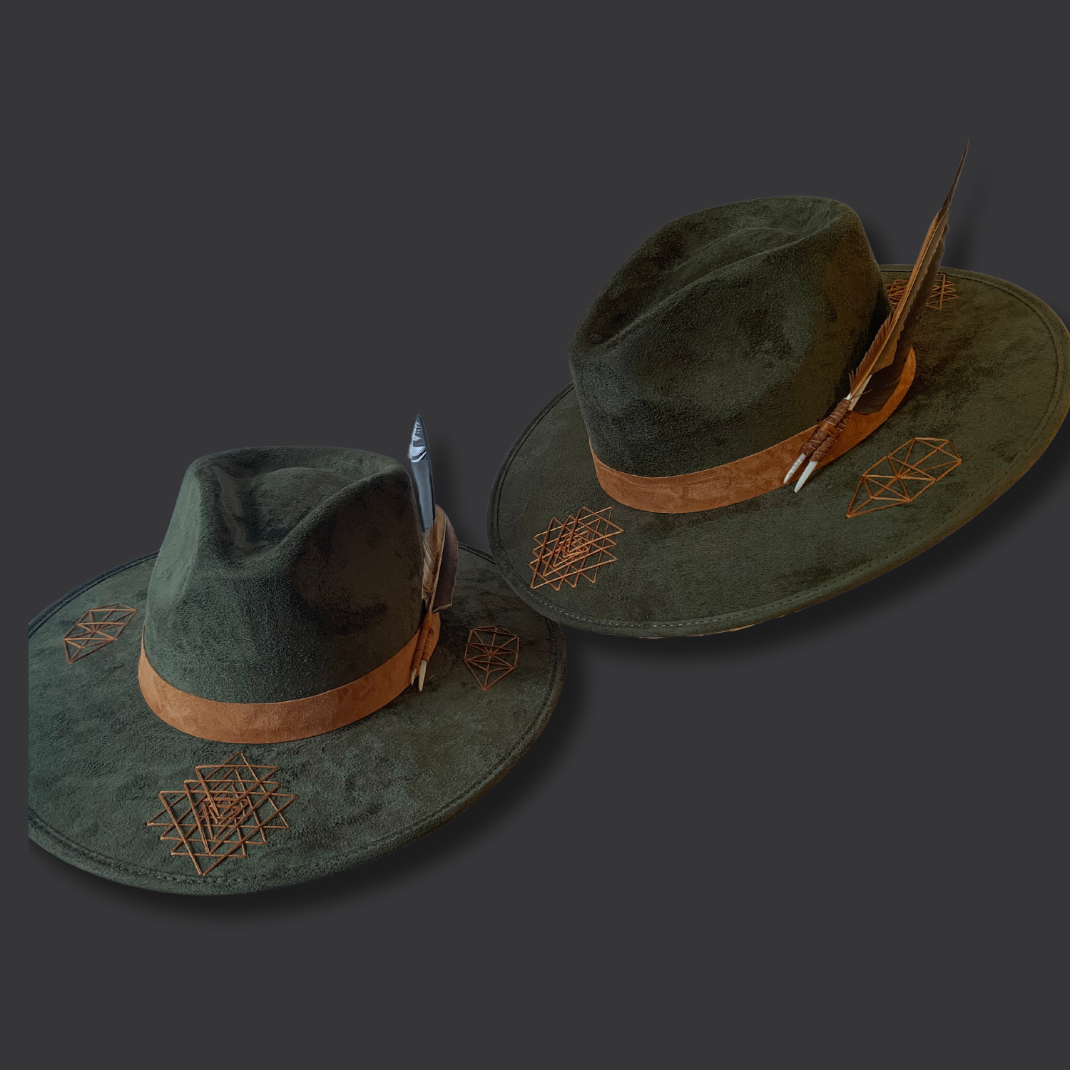 Dark green wide-brim vegan suede fedora hat with Tree of Life and Sri Yantra embroidery and camel leather band / double shoot