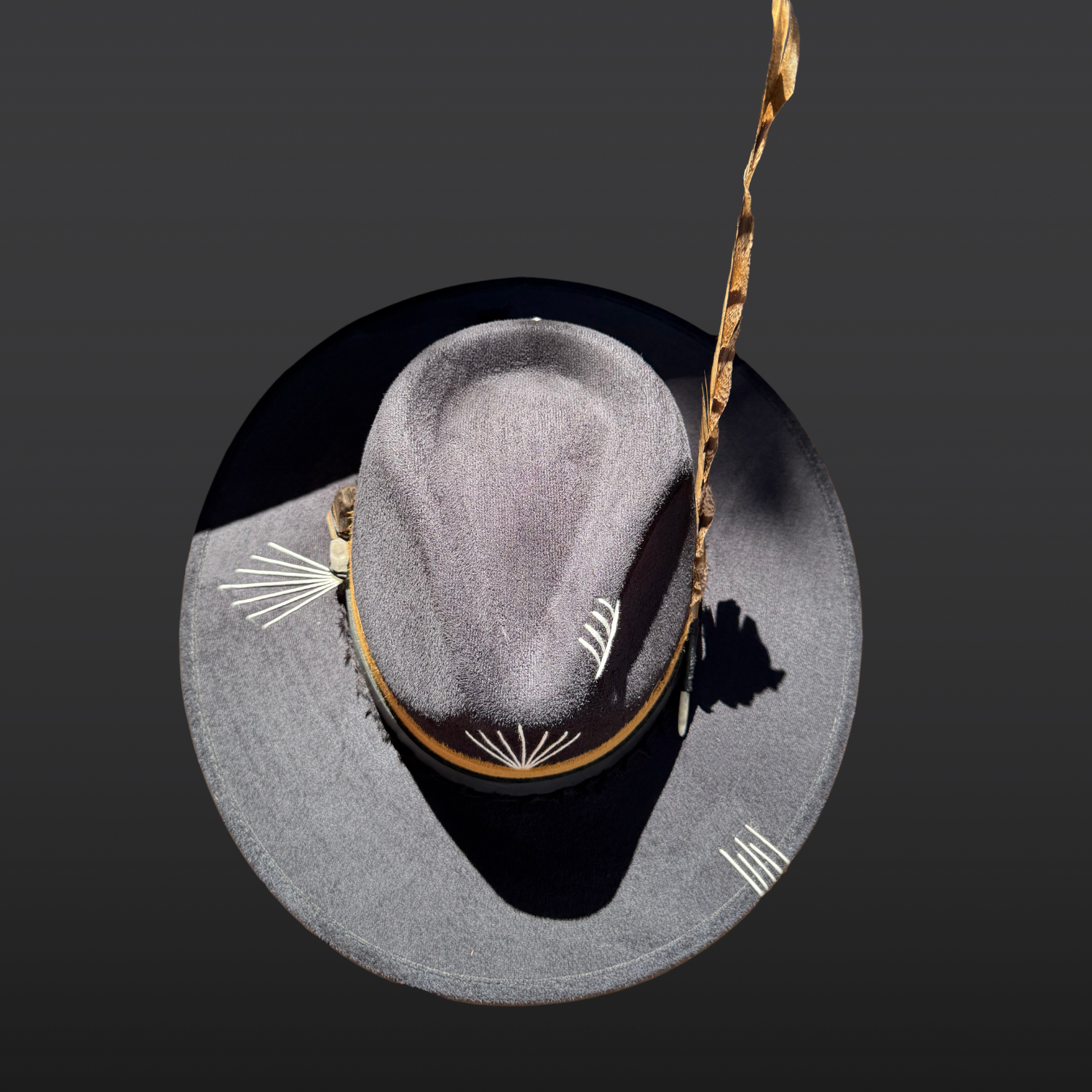 Top view of Wild & Free fedora featuring central white sunburst embroidery and bold black and tobacco detailing.
