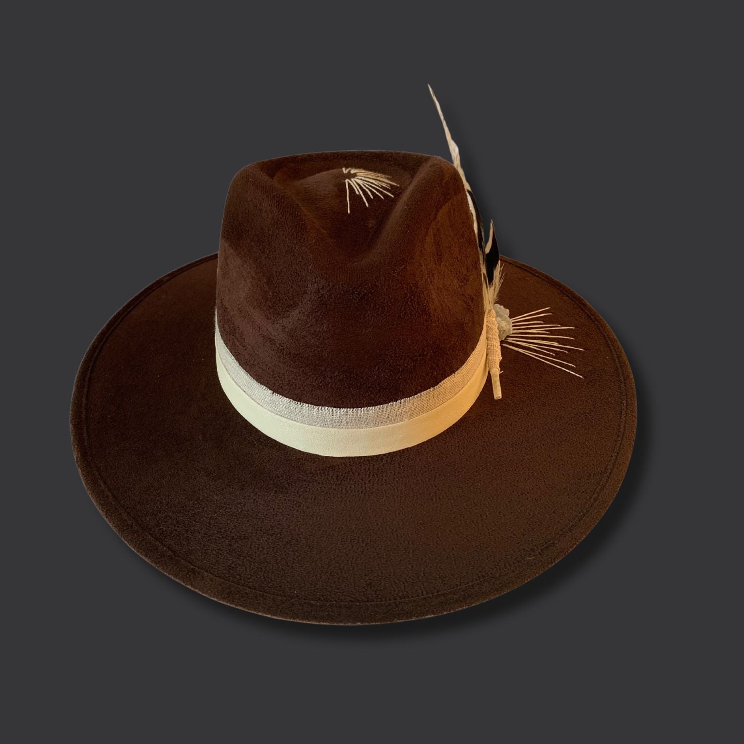 Brown wide brim fedora with celestite crystal and hand embroidered sunburst design / front view