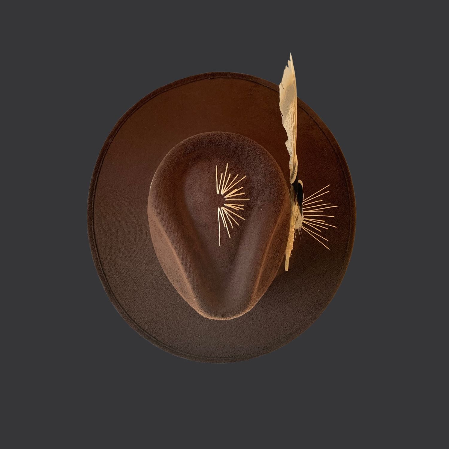 Brown wide brim fedora with celestite crystal and hand embroidered sunburst design / top view