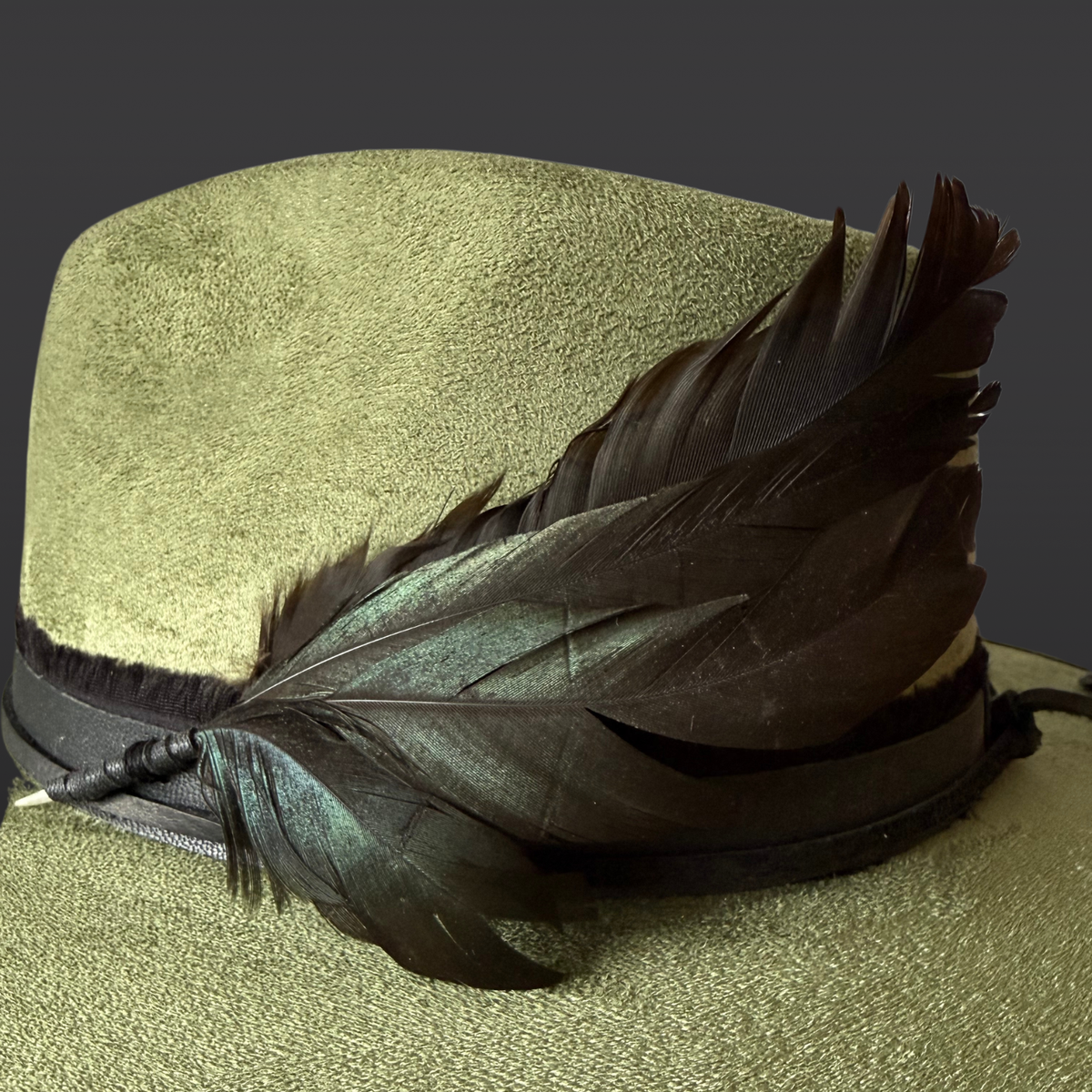 Feather detail: Close-up of rooster feathers attached to the black leather band of a sage green wide-brimmed fedora.