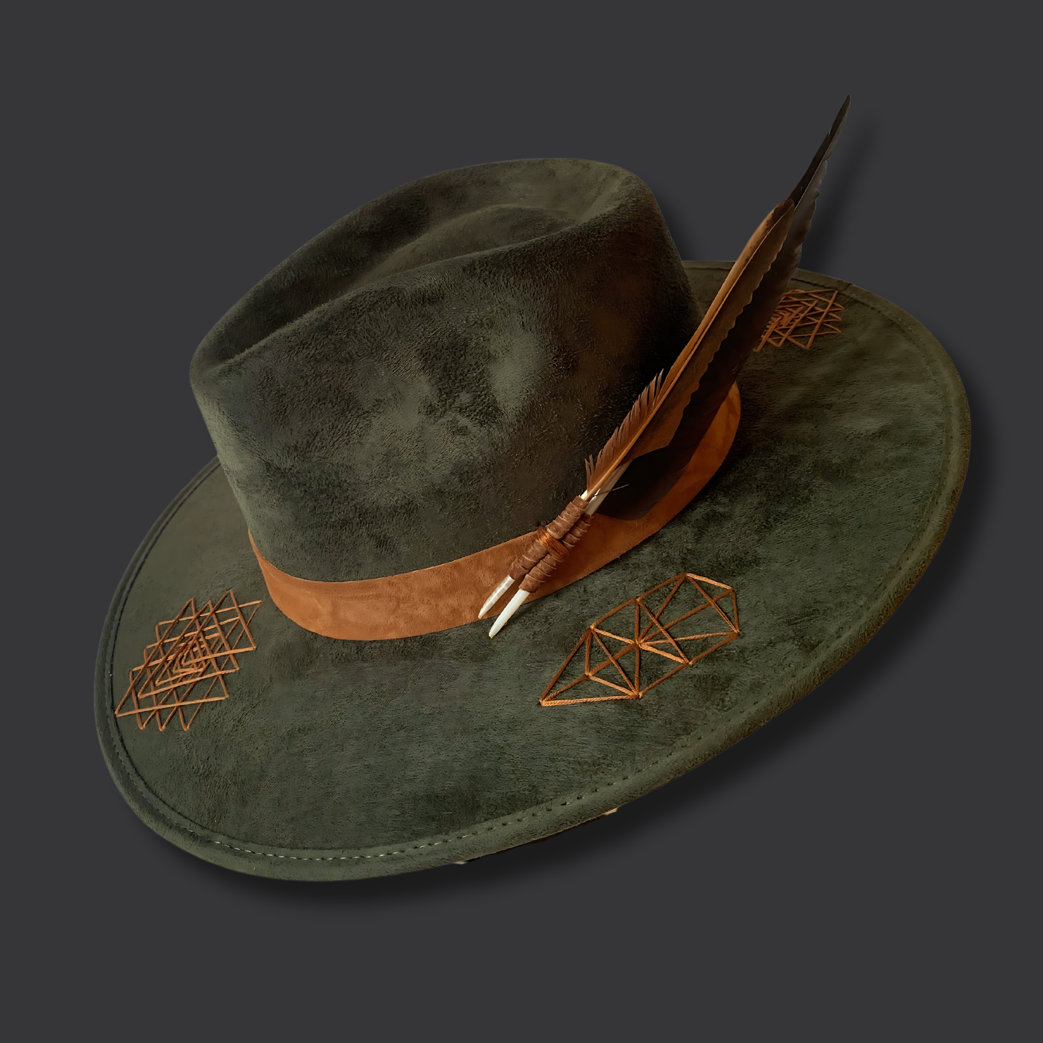 Dark green wide-brim vegan suede fedora hat with Tree of Life and Sri Yantra embroidery and camel leather band / right side view