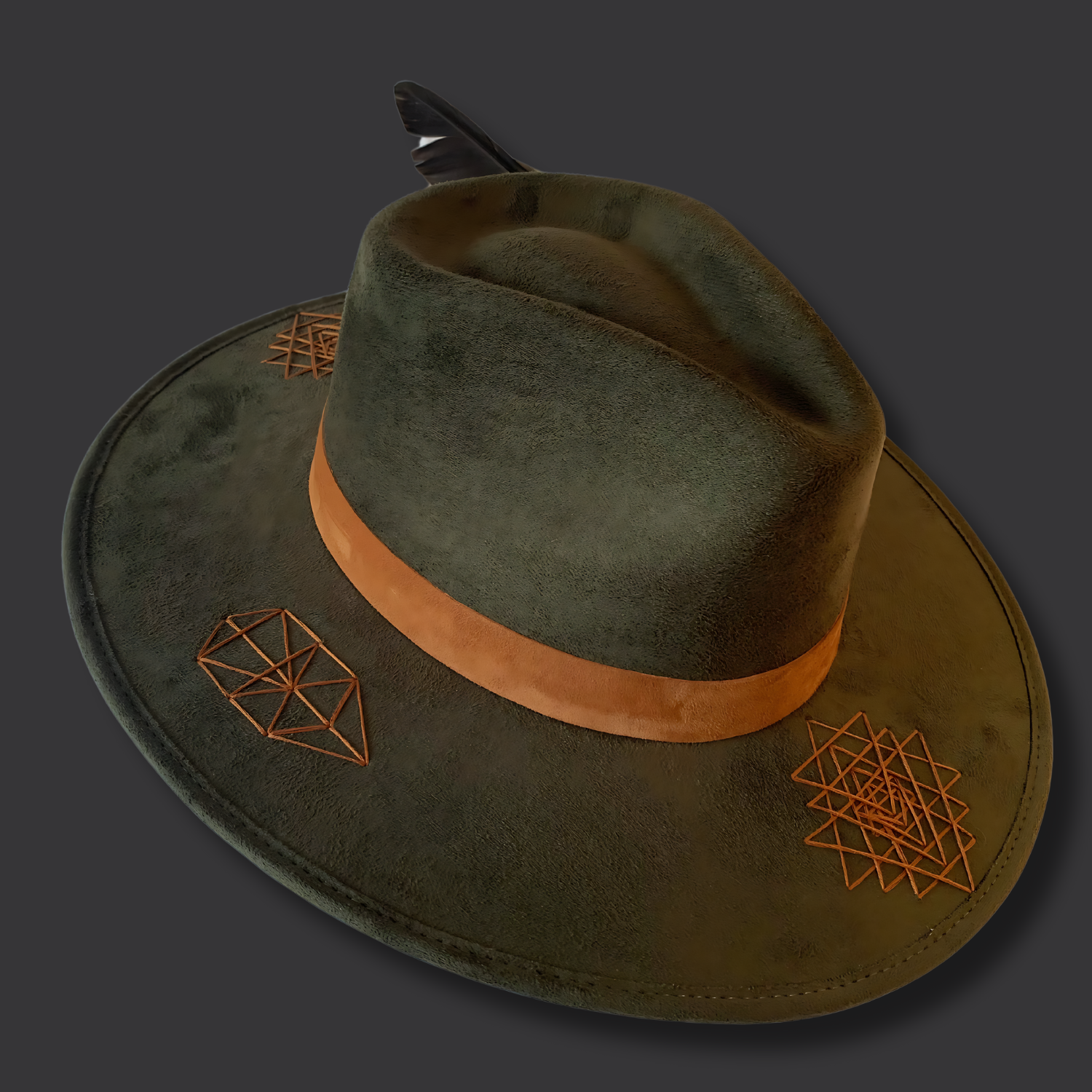 Dark green wide-brim vegan suede fedora hat with Tree of Life and Sri Yantra embroidery and camel leather band / left side view