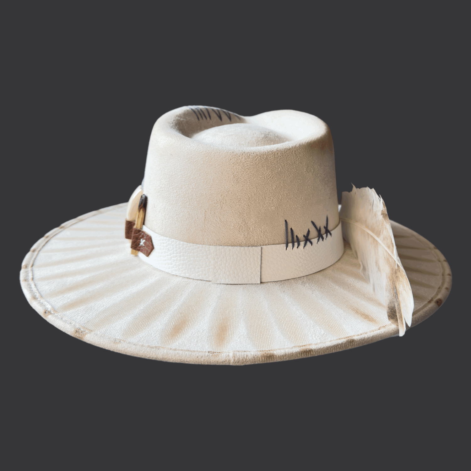 Ivory fedora boho hat with bison tooth, blue kyanite, and palo santo/ back view