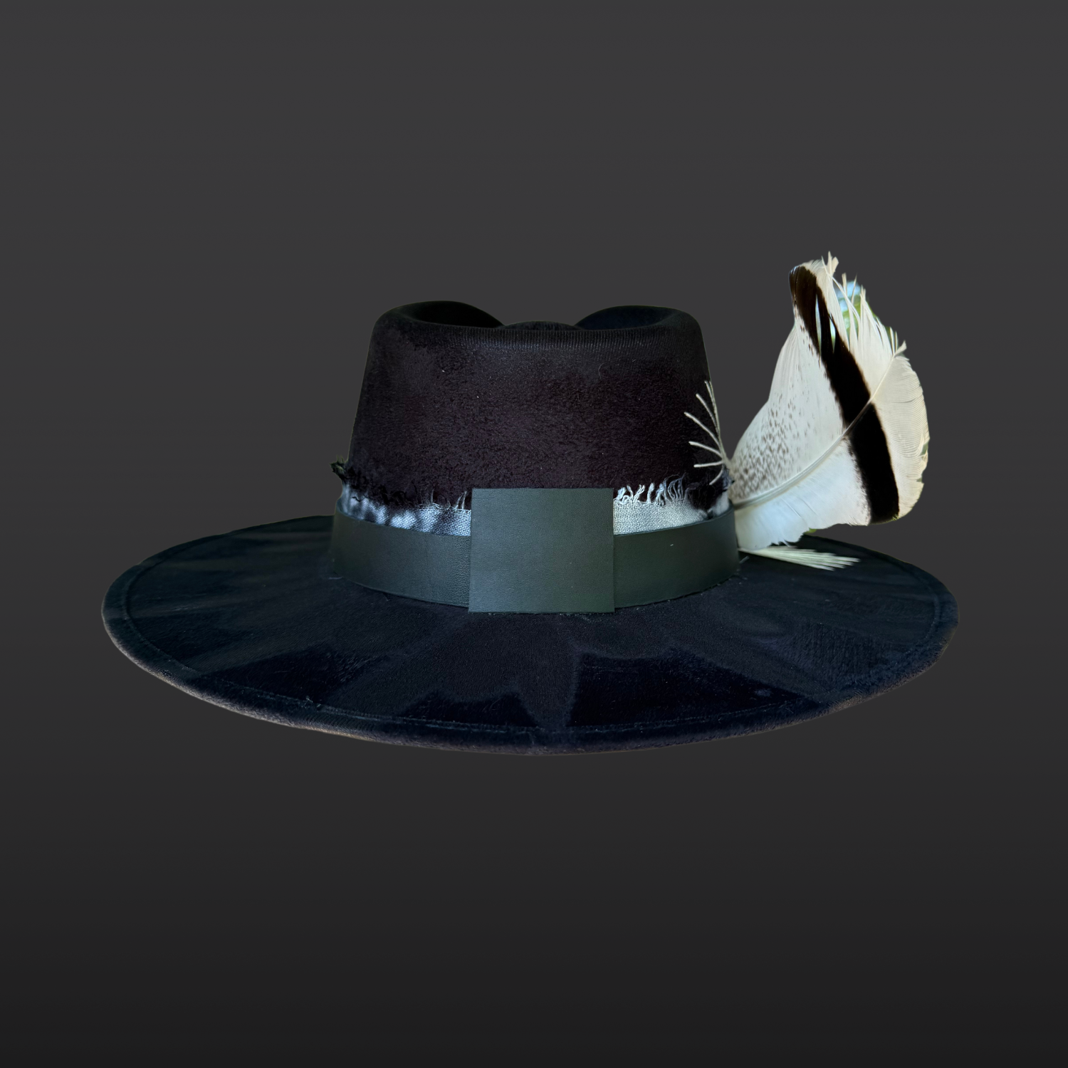 Back view of Ocean Within black wide brim fedora with aquamarine stone, black leather band, aqua and turquoise cotton band, turkey feather, and hand embroidered accents by Inara Hat Co.