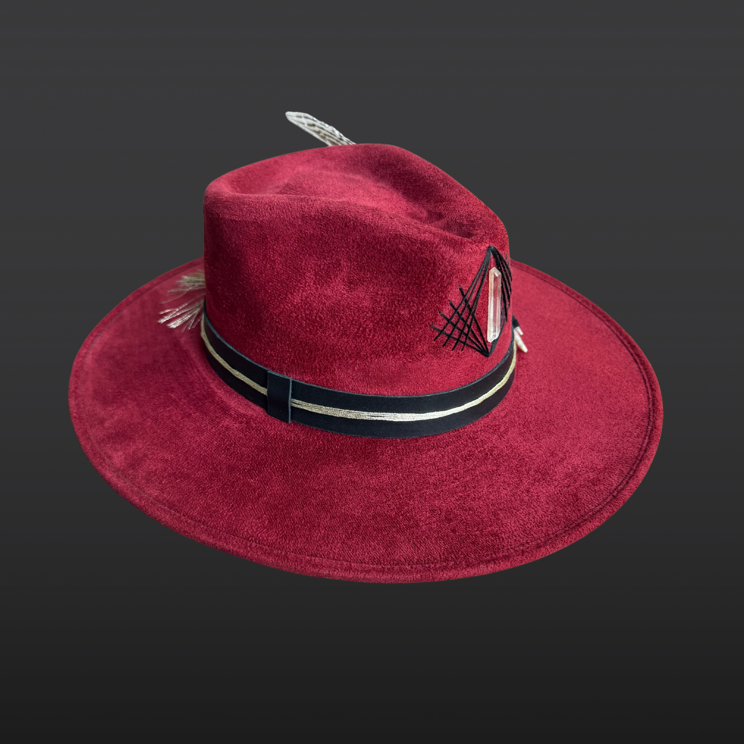 Side profile of the Funk It Up fedora hat showcasing the black leather band, gold accents, and silver pheasant feather detail.