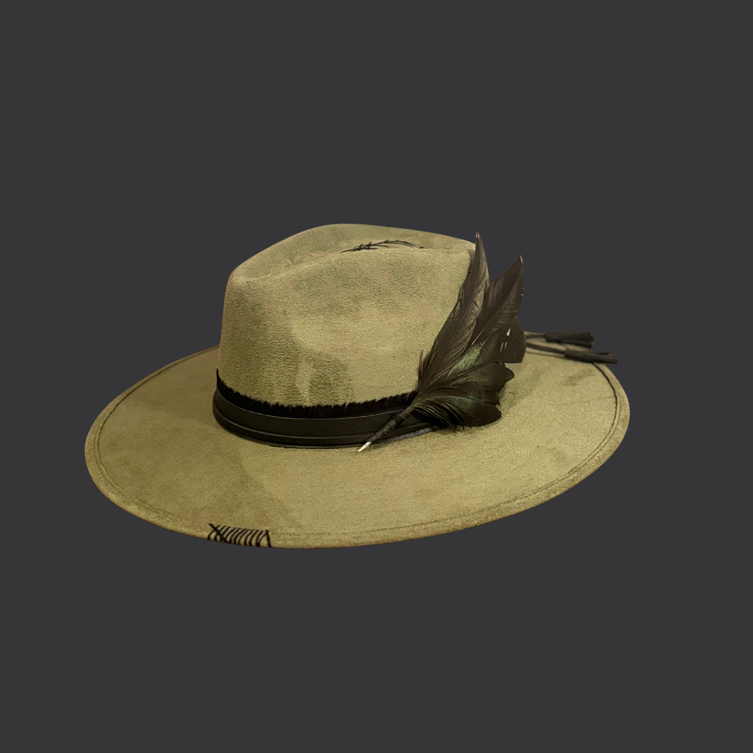 sage green boho fedora hat with arrow embroidery and obsidian arrow / front view