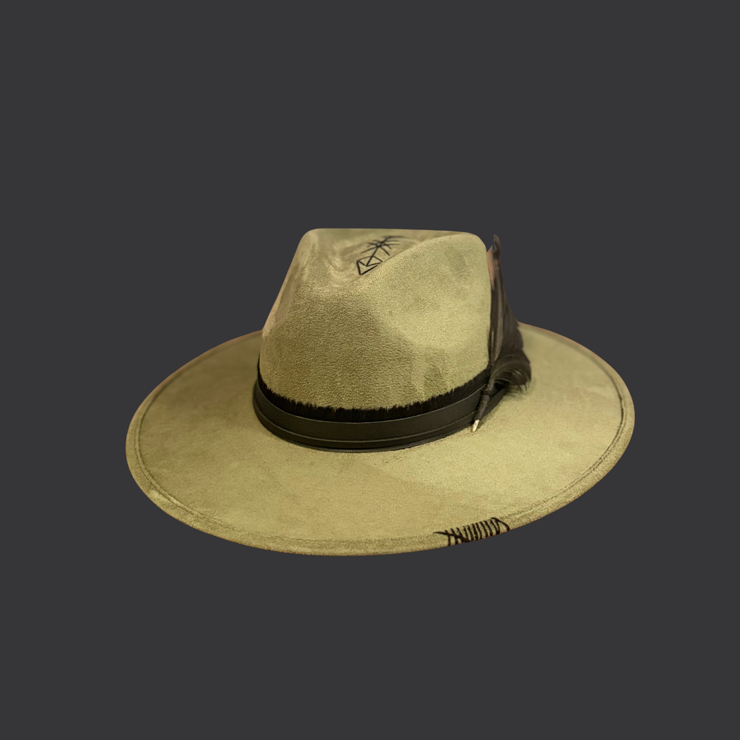 sage green boho fedora hat with arrow embroidery and obsidian arrow / front view 2