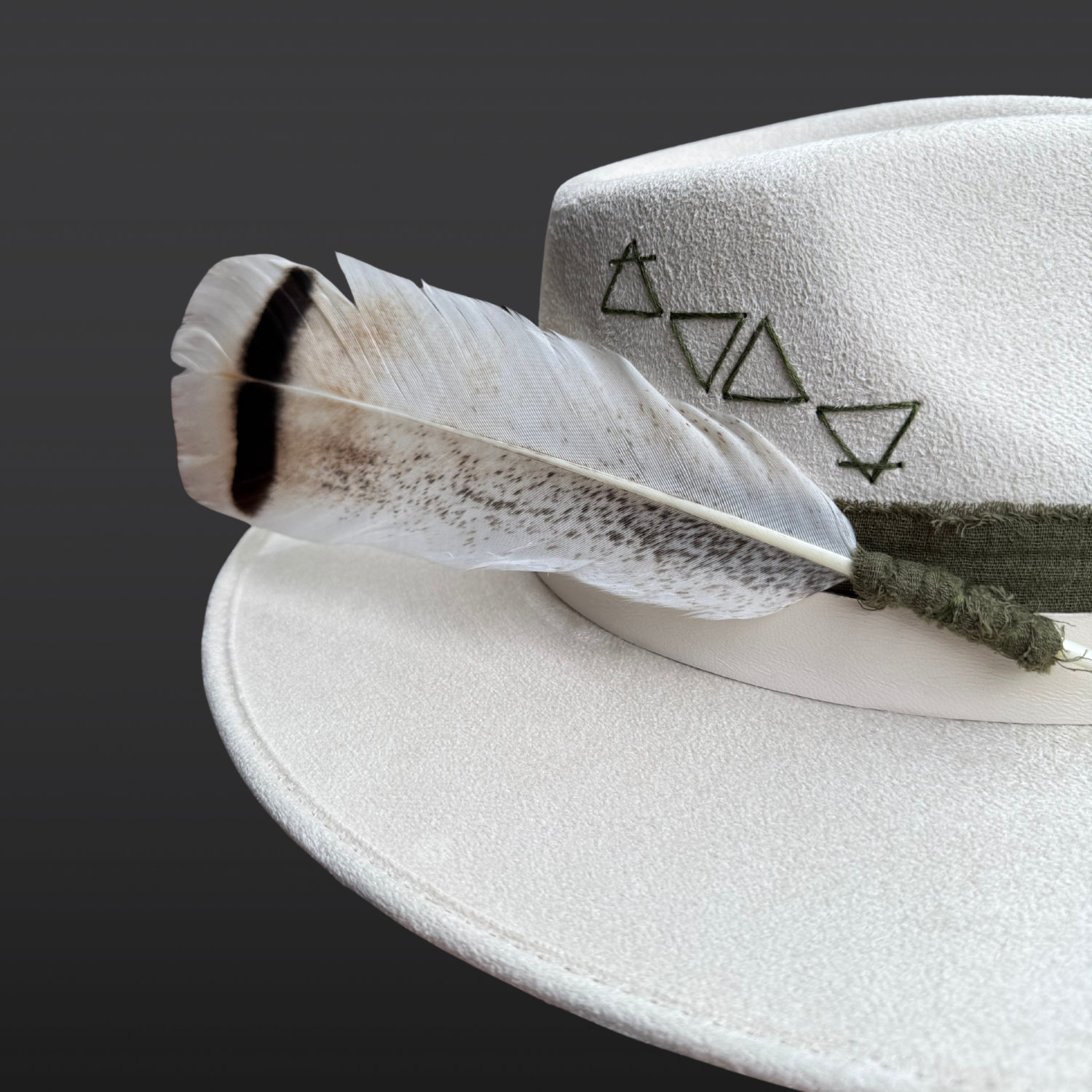 Close-up of sacred geometry embroidery, green kyanite crystal, elemental symbols, and feather detail on the Delta Fedora Hat.