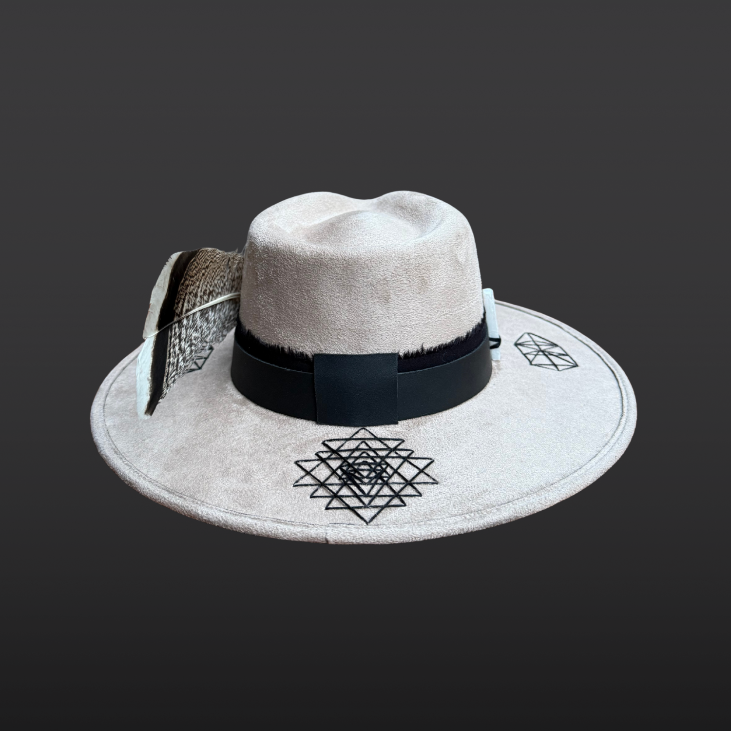 Back view of Rooted Light fedora featuring hand embroidered Sri Yantra symbol on the brim and black band details.