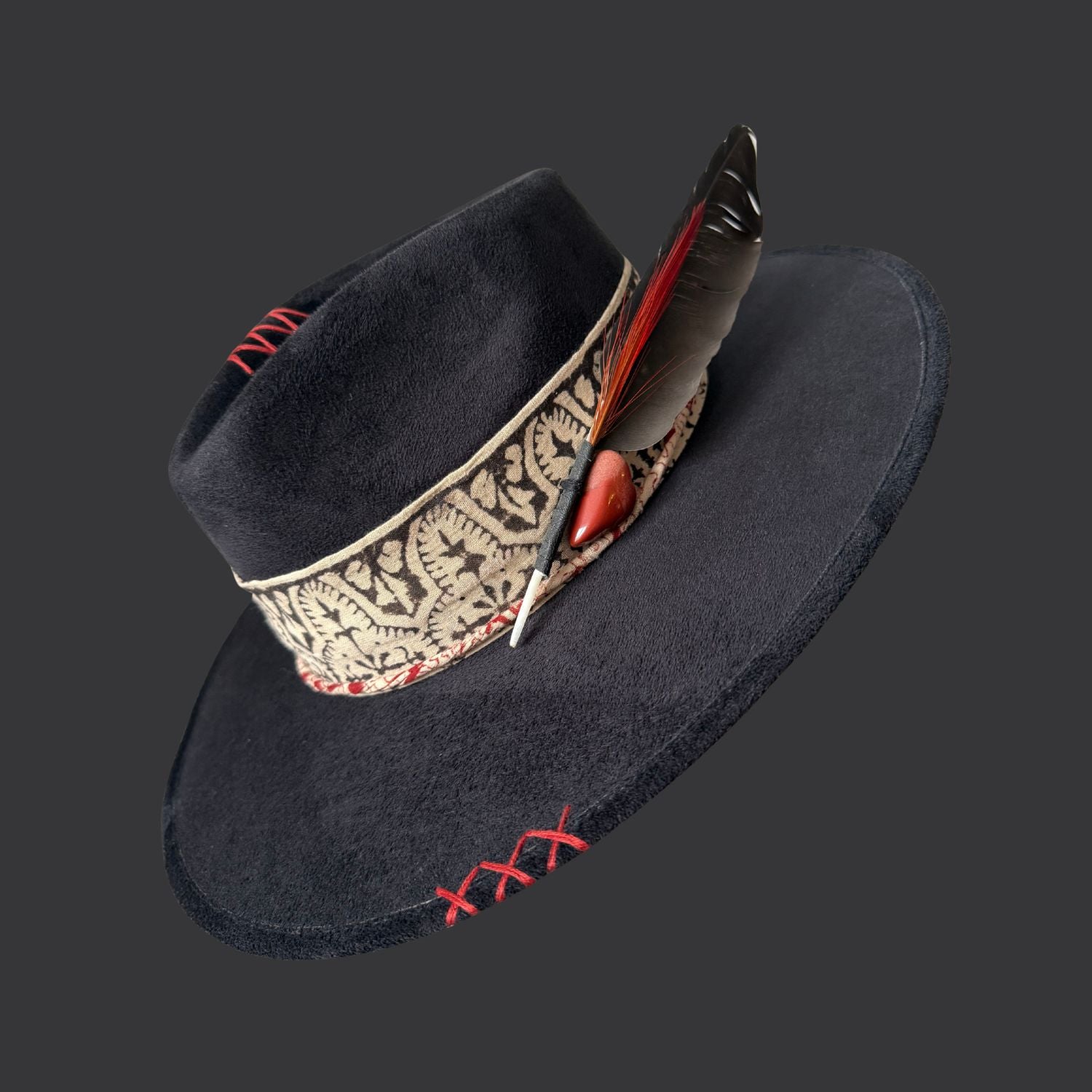 One of a kind black wide brim fedora hat with red jasper stone, organic cotton band, red embroidery, and pheasant and crow feathers