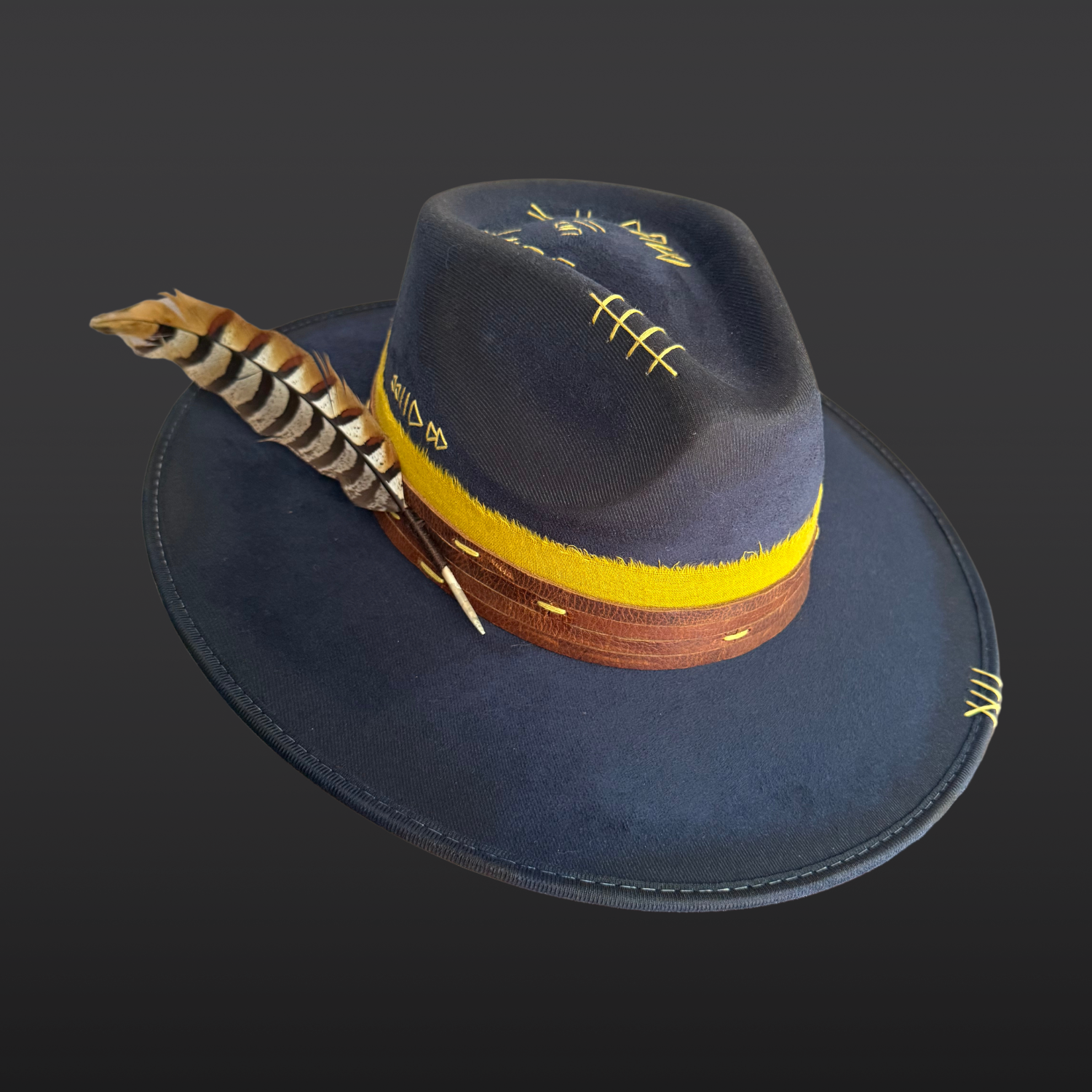 Top view of navy fedora hat featuring “Music Is Life” embroidery and a vibrant yellow band.