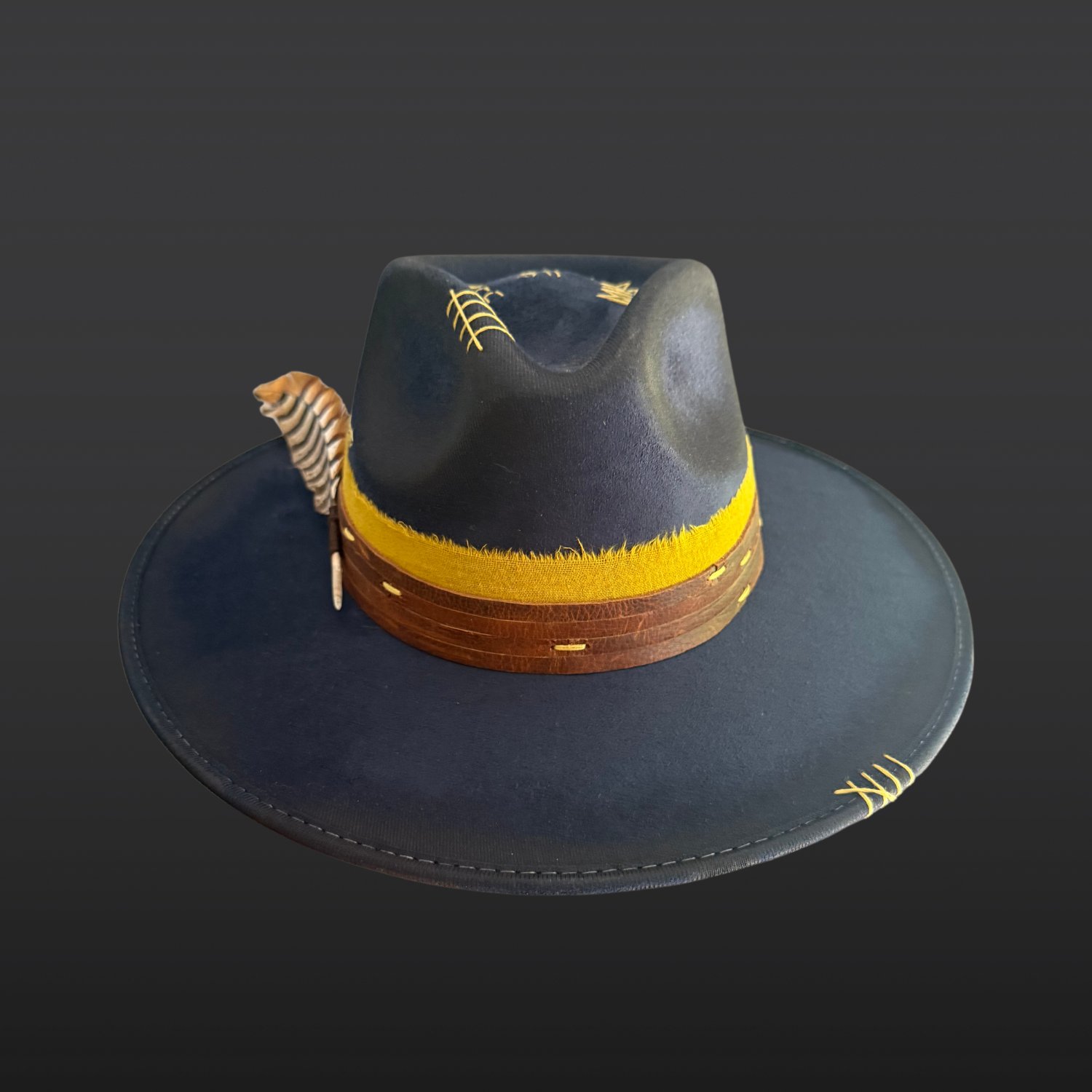 Front view of navy fedora hat featuring “Music Is Life” embroidery and a vibrant yellow band.