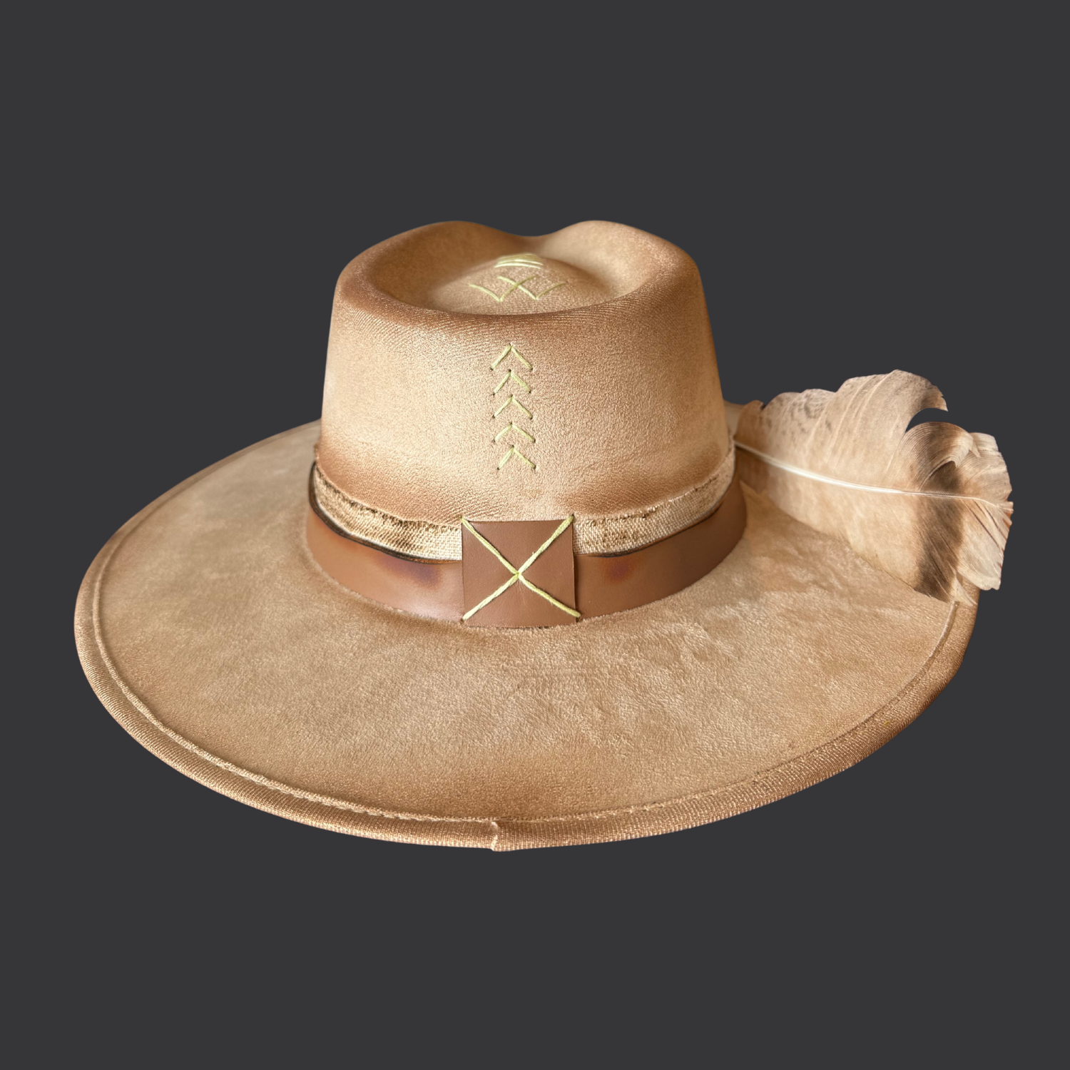 Back view of cream wide-brim hat showing hand-torched texture and embroidered “M B S” on crown