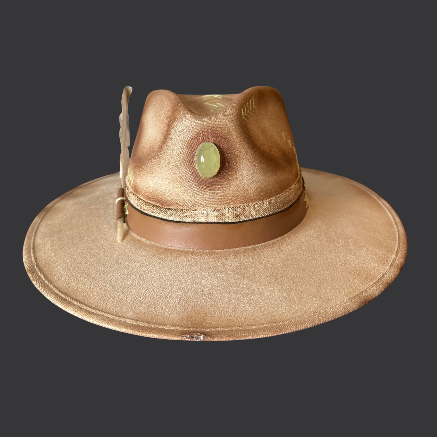 Front view of cream wide-brim hat showing hand-torched texture and embroidered “M B D” on crown
