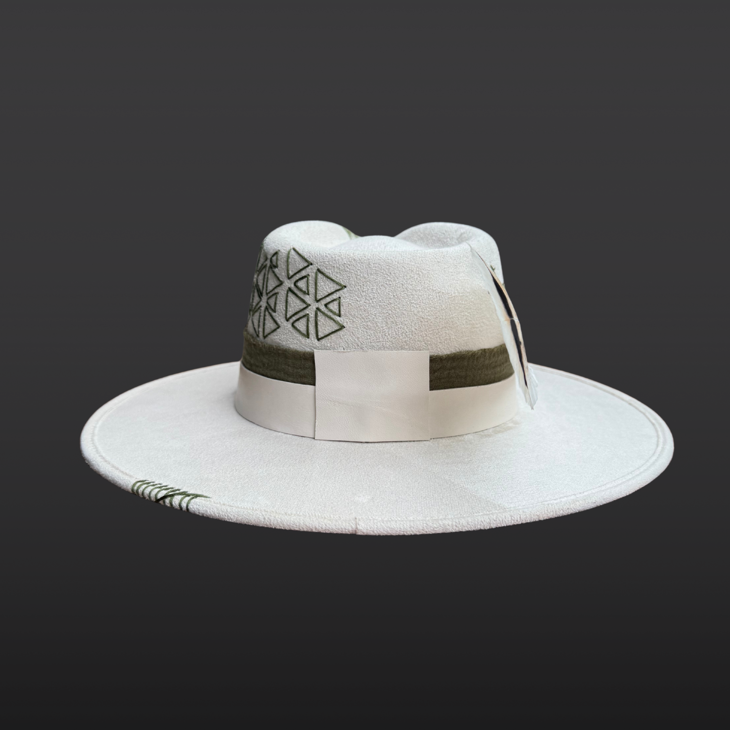 Back view of Delta Fedora Hat showcasing an embroidered sacred geometry triangle pattern on an ivory wide brim fedora.