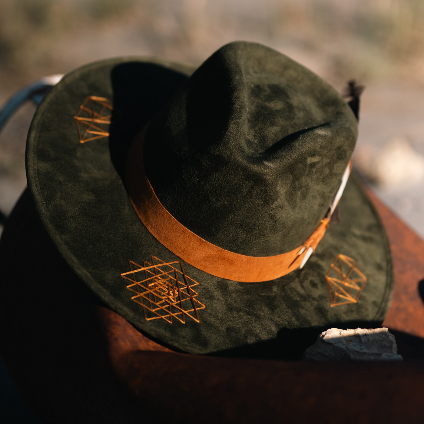 Dark green wide-brim vegan suede fedora hat with Tree of Life and Sri Yantra embroidery and camel leather band / outside shoot