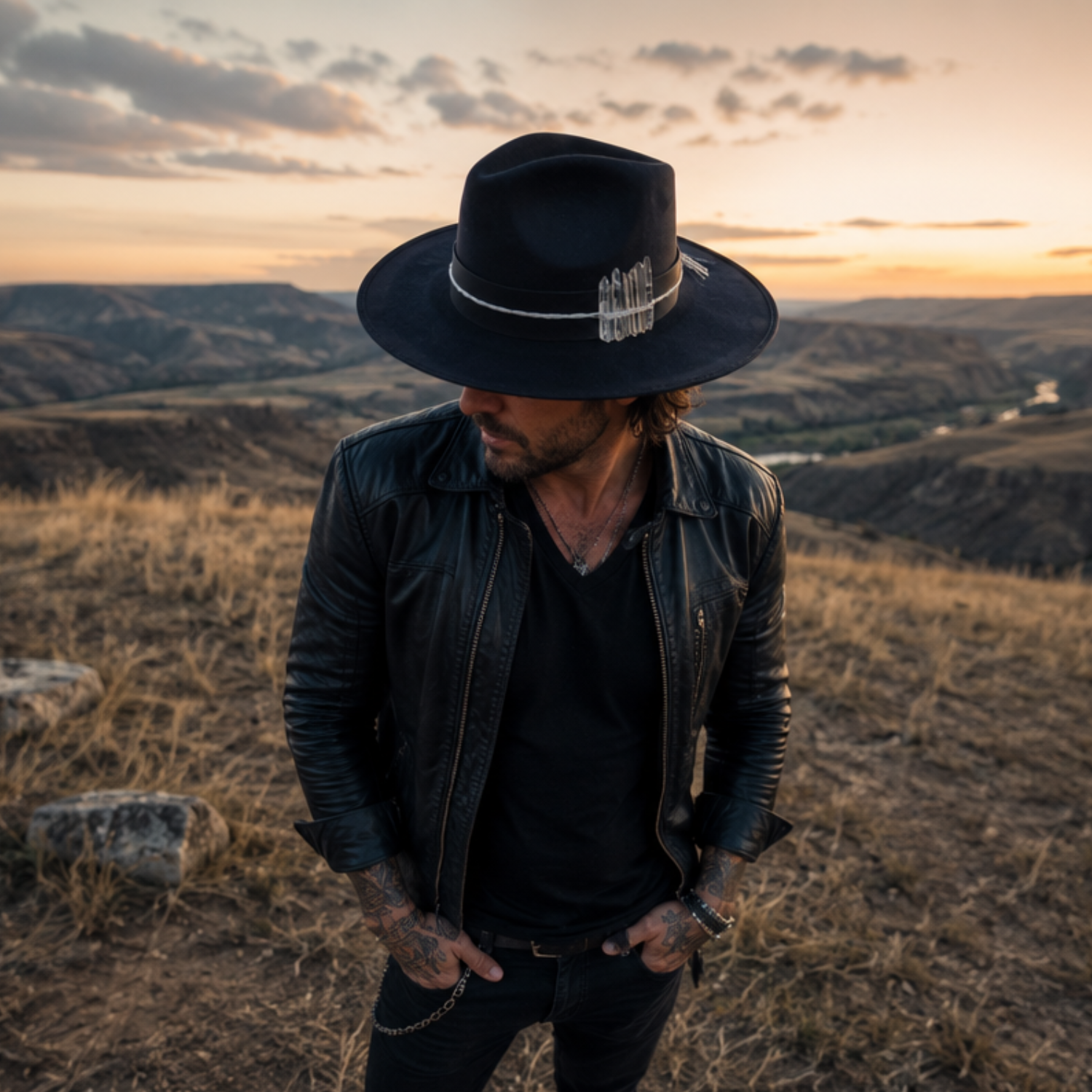A rugged man wearing a navy Celestial Alignment Fedora Hat while overlooking nature, styled in a dark outfit and denim jacket with tattoos, wide brim boho fedora featuring silver celestial embroidery, quartz crystal points, feathers, and handcrafted details.