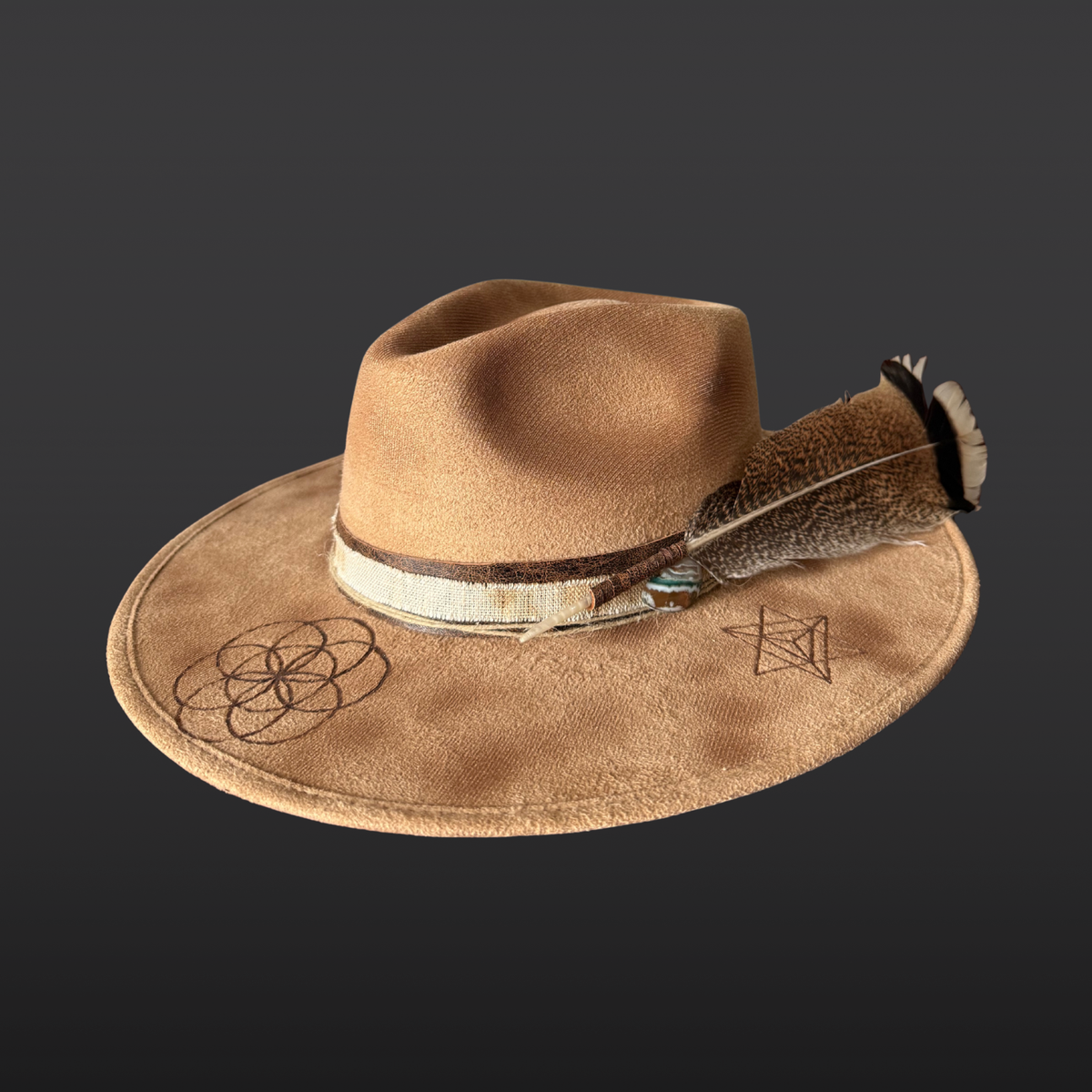 Left Side View::
A wide-brimmed camel-colored fedora shown from the back, featuring a dark brown leather band, agate stone, and turkey feather accent.