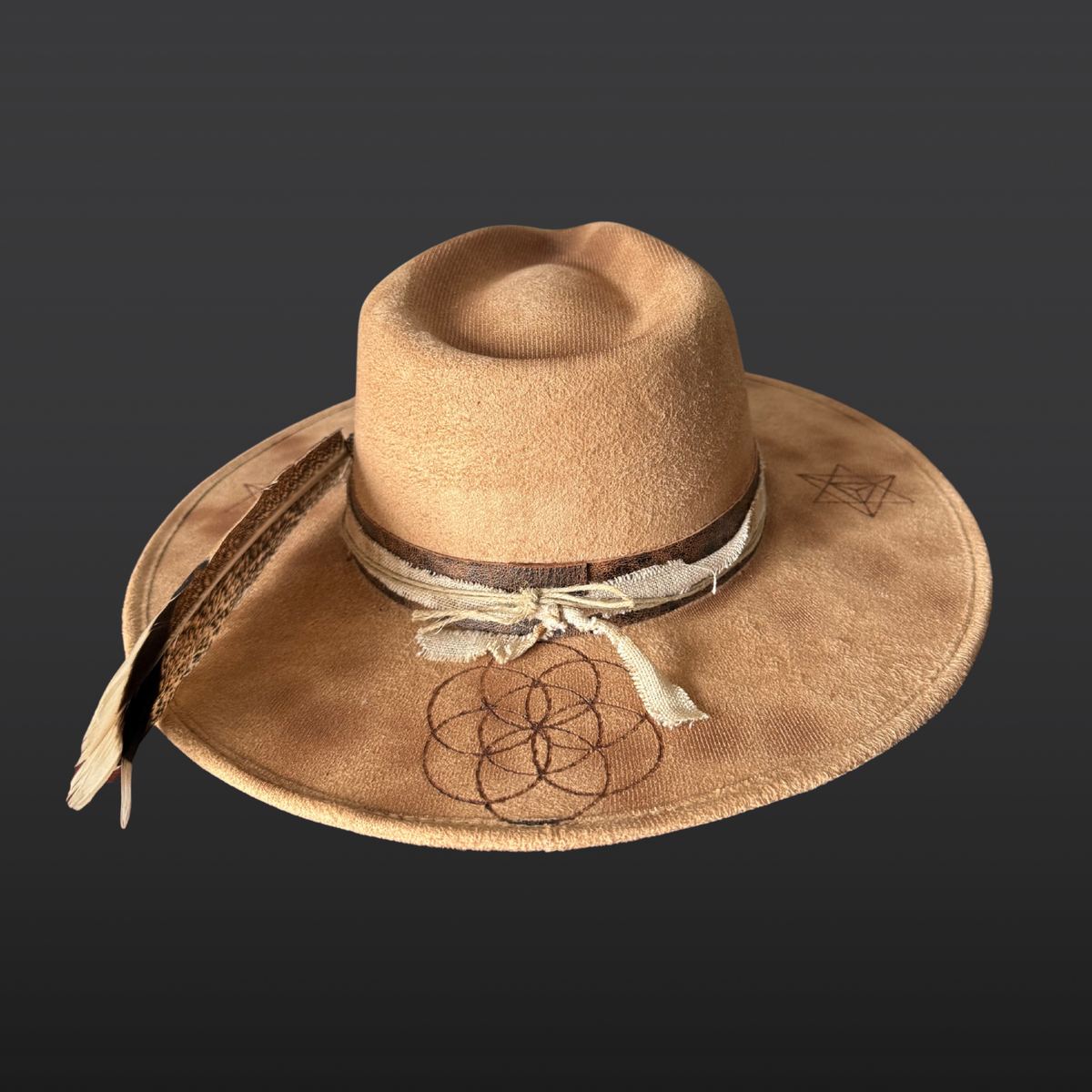Back angle:
A wide-brimmed camel-colored fedora shown from the back, featuring a dark brown leather band, agate stone, and turkey feather accent.