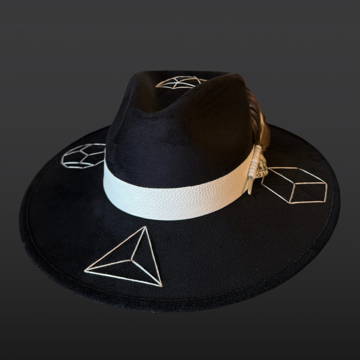 Front view:
A wide-brimmed black fedora shown from the front, featuring a white leather band and vibrant green tree agate crystal.