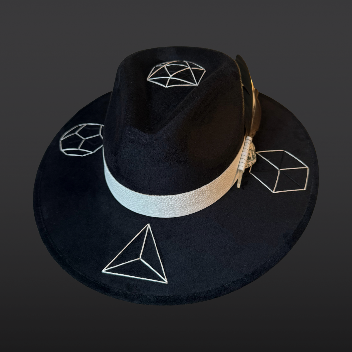 Front Side view:
A wide-brimmed black fedora shown from the side, featuring a white leather band, green tree agate crystal, and multicolored duck feather accent.