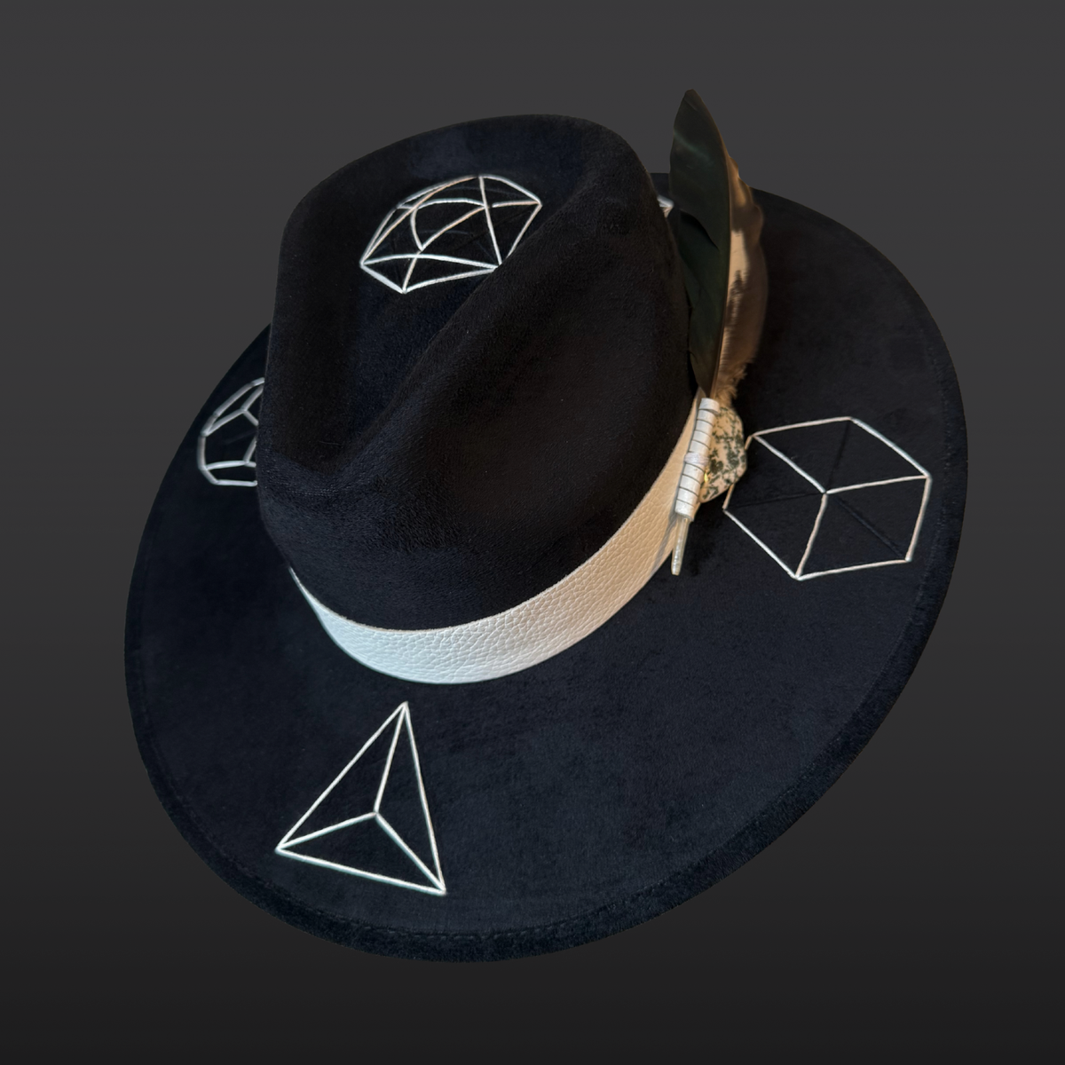 Main view:
A wide-brimmed black fedora featuring a white leather band, vibrant green tree agate crystal, and a green, black, and white duck feather accent.