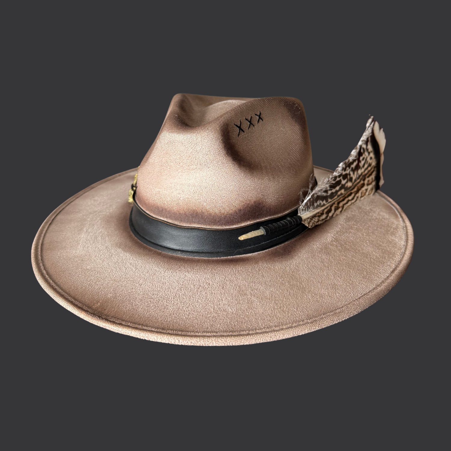 Front view khaki wide-brim fedora hat with chalcopyrite crystal and black leather tassels