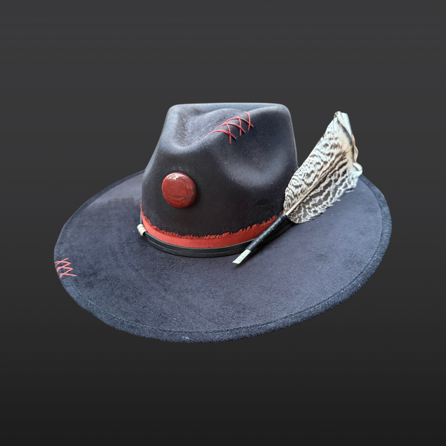 Black boho fedora hat with red jasper stone, hummingbird embroidery, and feather accent, front view by Inara Hat Co.
