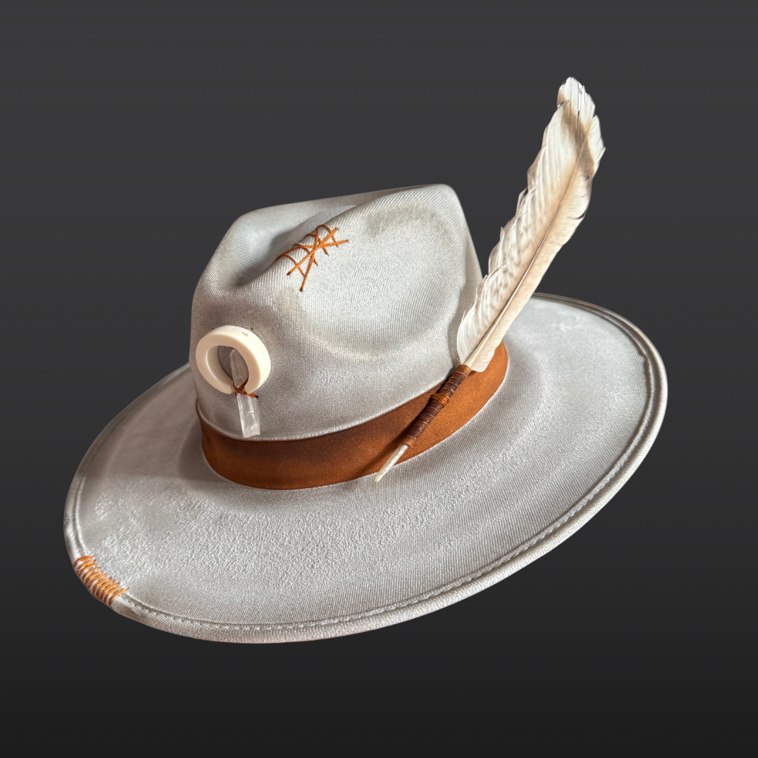 Wayfinder light grey wide brim fedora hat with deer antler, Lemurian Quartz crystal, and hand-torched detailing