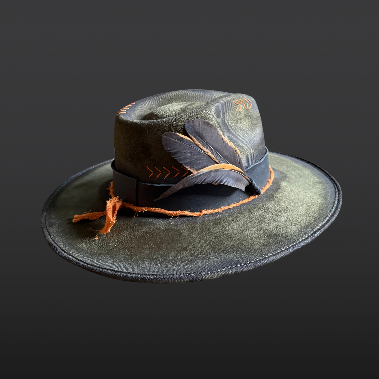 Back view of the Solar Path Fedora Hat showcasing hand-torched vegan suede texture and organic patterns.