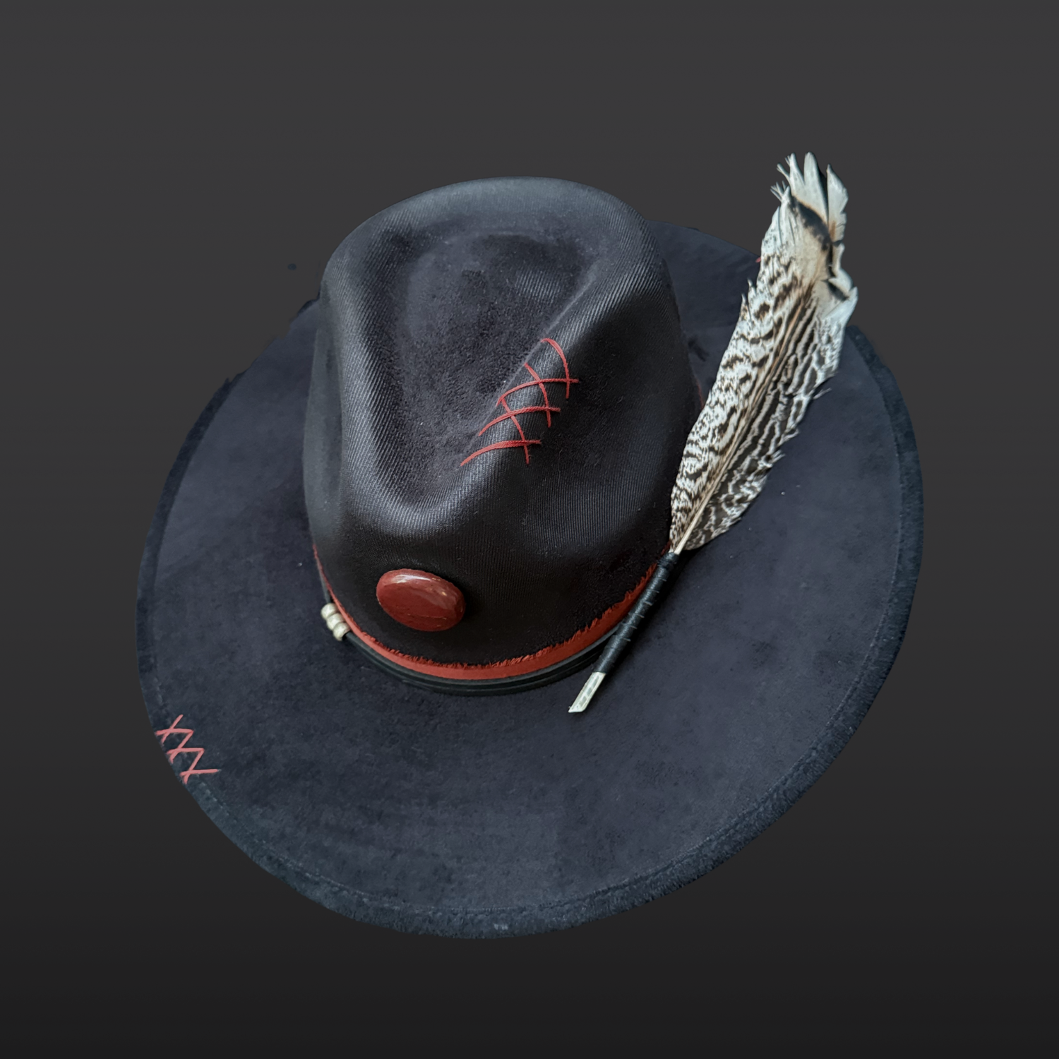 Black boho fedora hat with red jasper stone, hummingbird embroidery, and feather accent full view by Inara Hat Co.