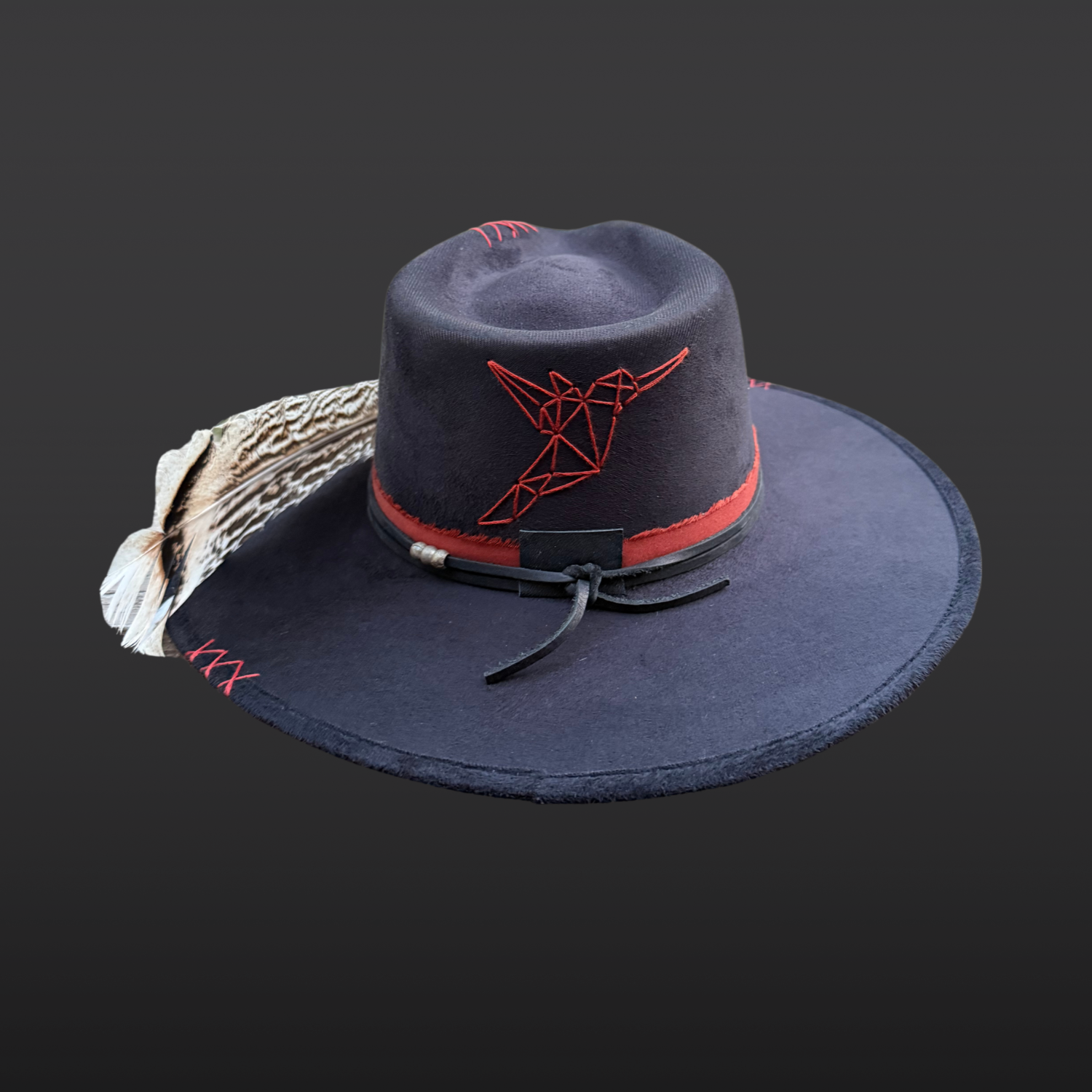 Black boho fedora hat with red jasper stone, hummingbird embroidery, and feather accent, back view by Inara Hat Co.