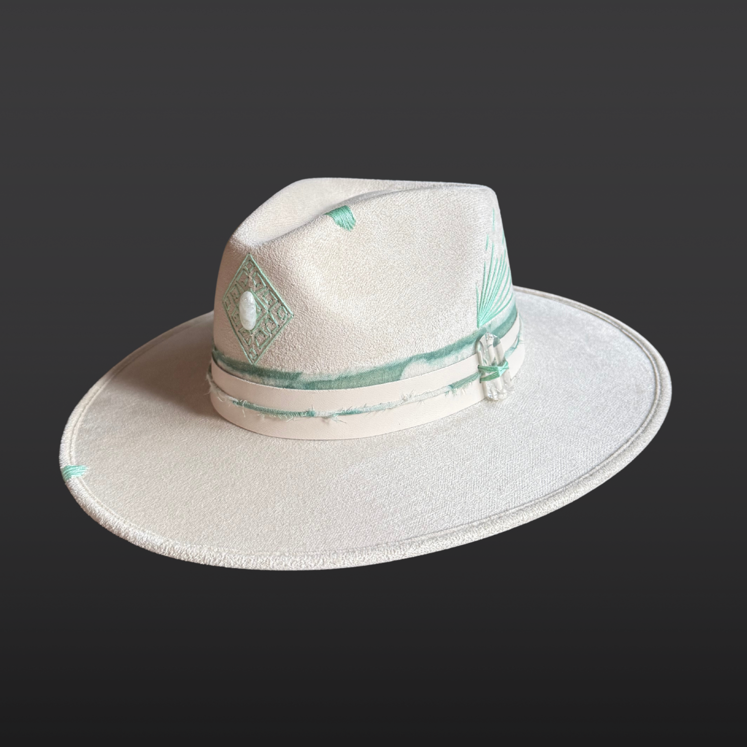 Lumina ivory boho wide brim fedora with Moonstone, Clear Quartz, and teal hand embroidery
