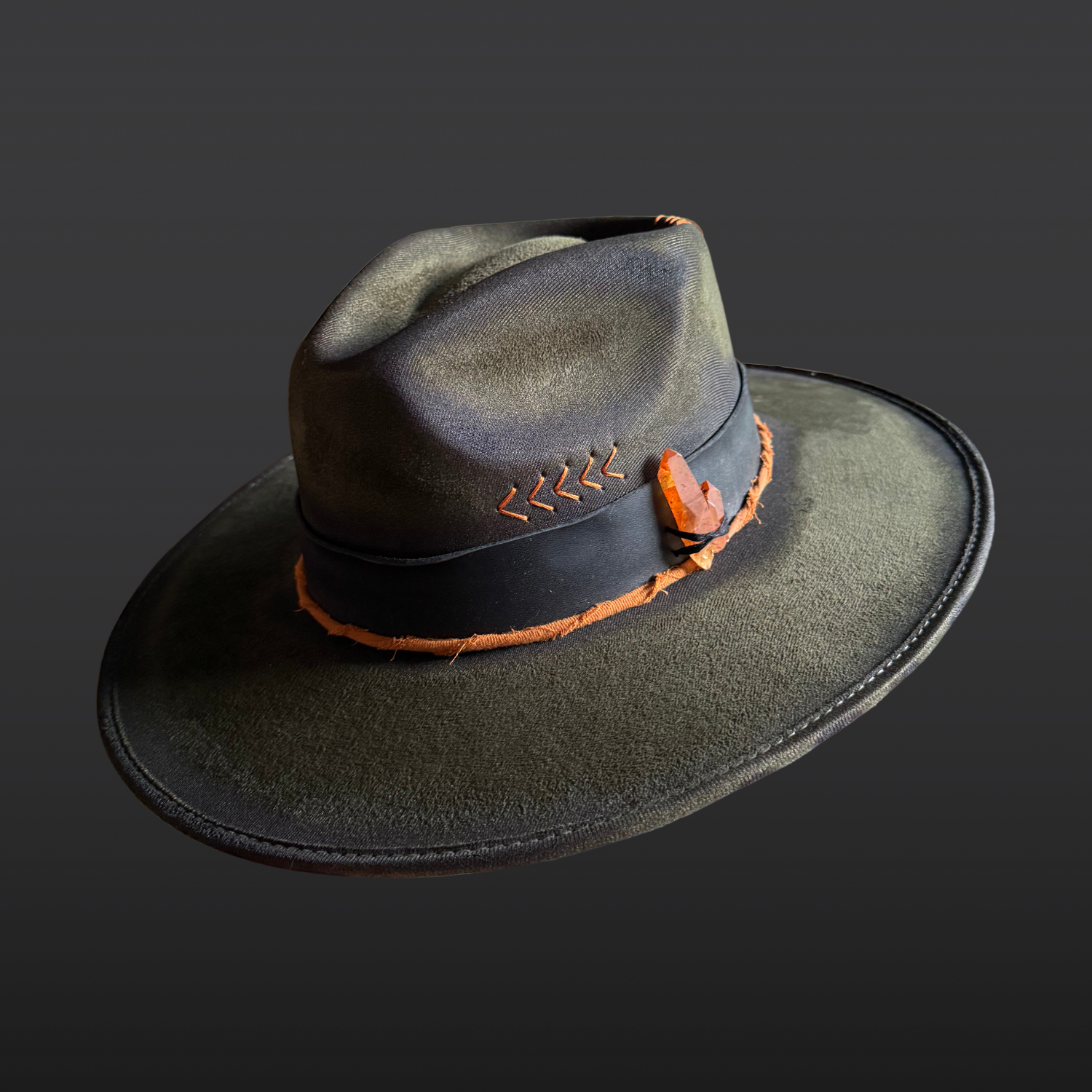 Front  view of the Solar Path Fedora Hat showcasing hand-torched vegan suede texture and organic patterns.