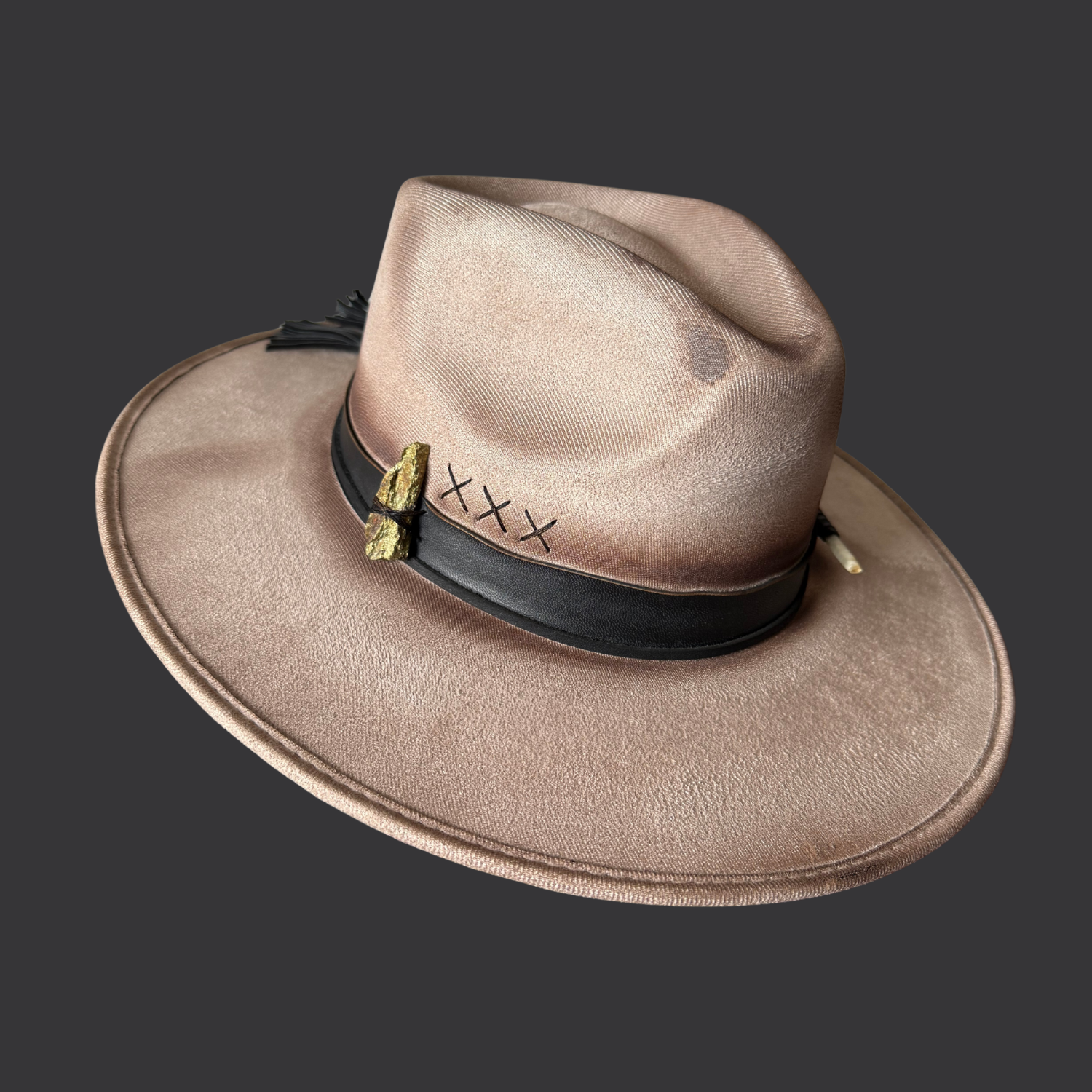 Khaki wide-brim fedora hat with chalcopyrite crystal and black leather tassels